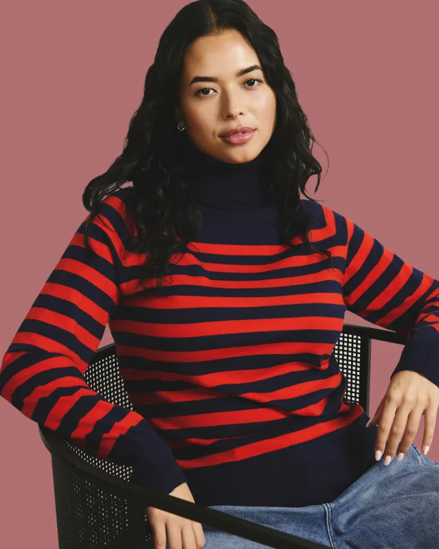 Renee Savvy Fine Knit Raglan Turtleneck - Navy/Red Stripes sold by Universal Standard