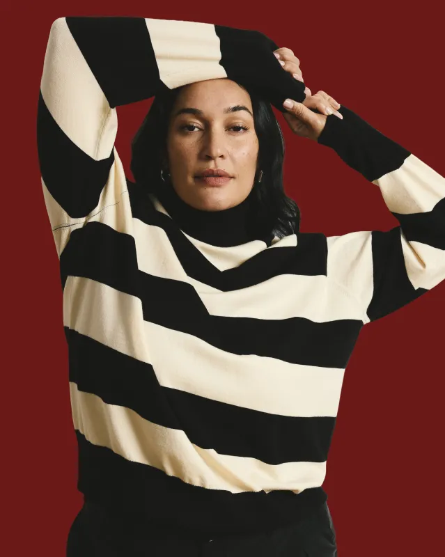 Renee Savvy Fine Knit Raglan Turtleneck - Black/Ecru Rugby Stripe sold by Universal Standard