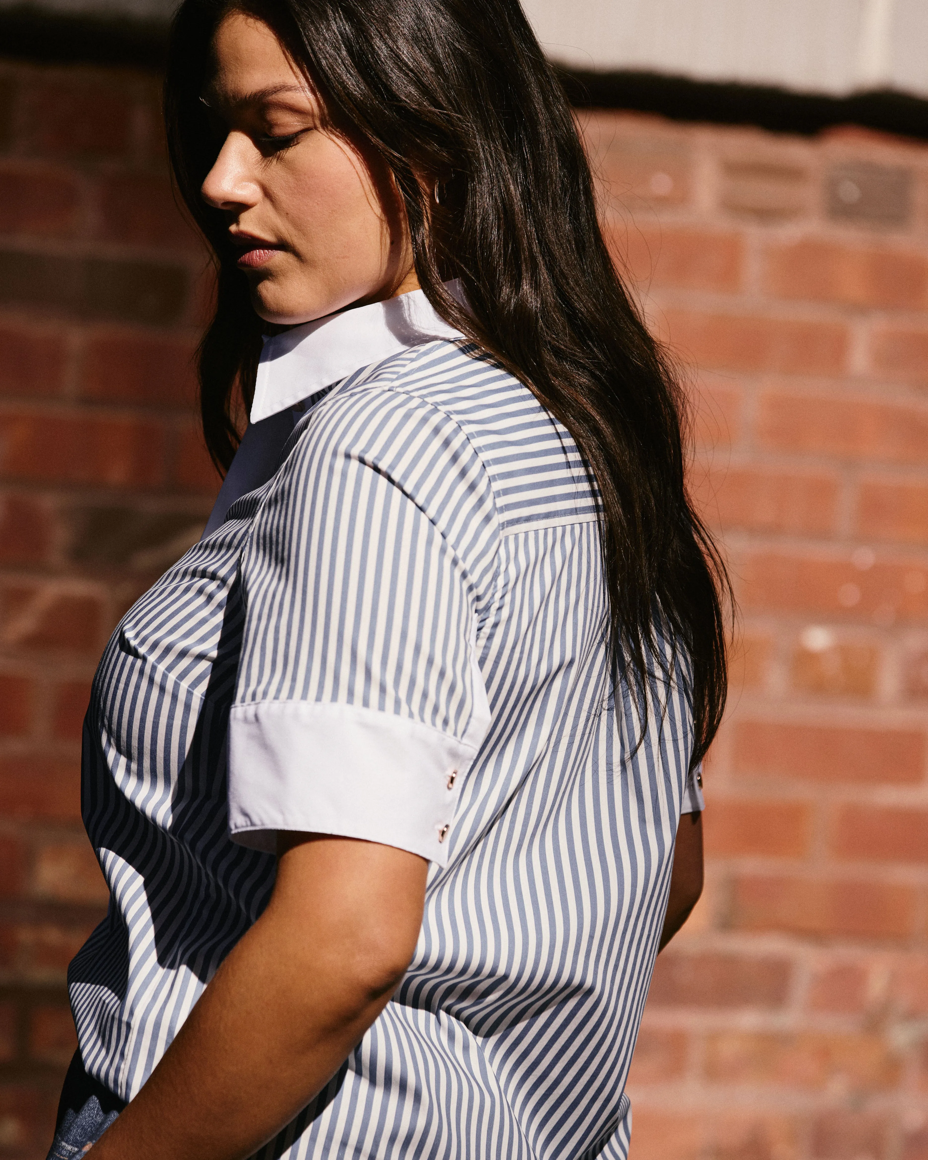 Elbe Stretch Poplin Short Sleeve Shirt - Blue Stripe with Contrast White sold by Universal Standard product image thumbnail 5