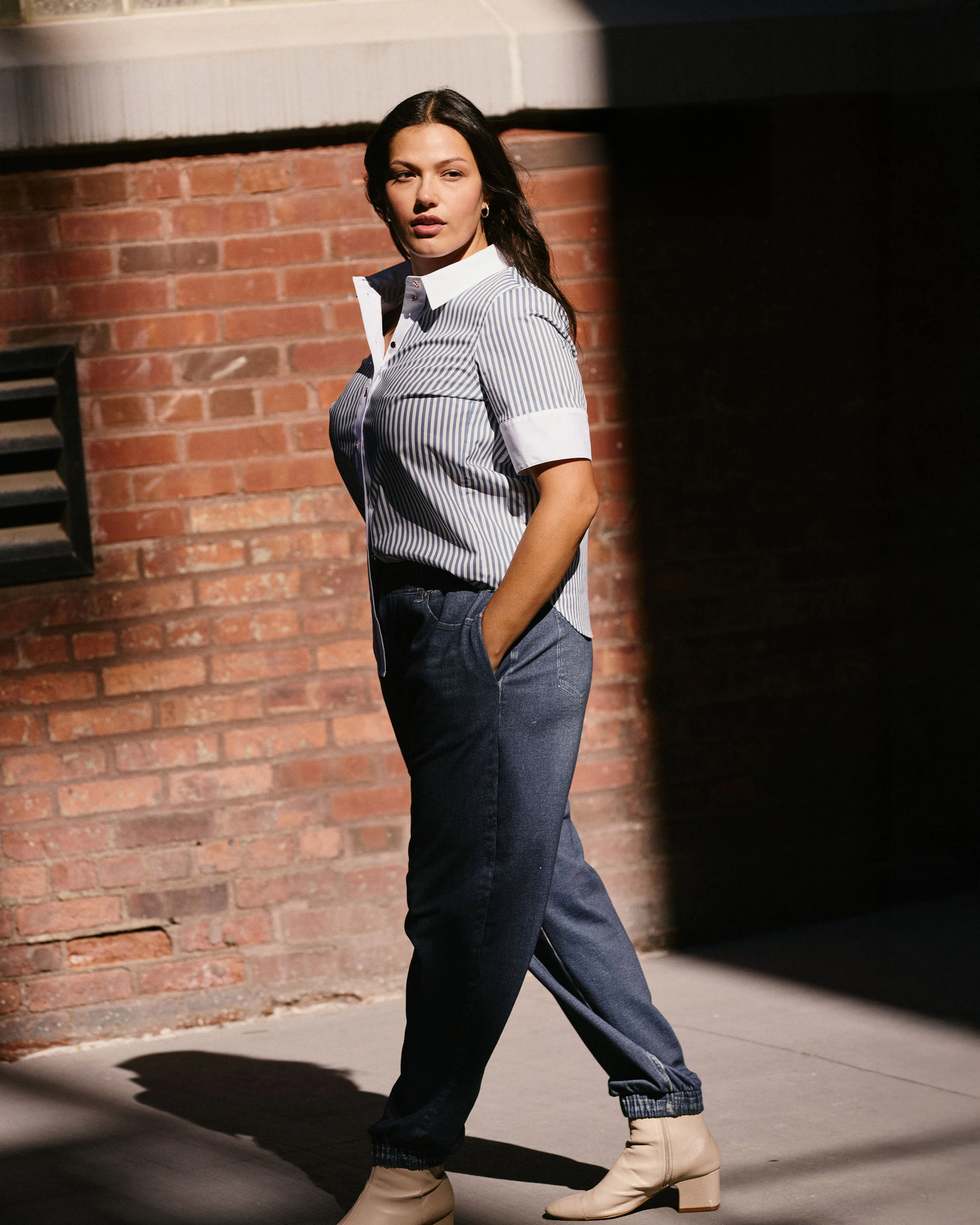 Elbe Stretch Poplin Short Sleeve Shirt - Blue Stripe with Contrast White sold by Universal Standard product image thumbnail 4