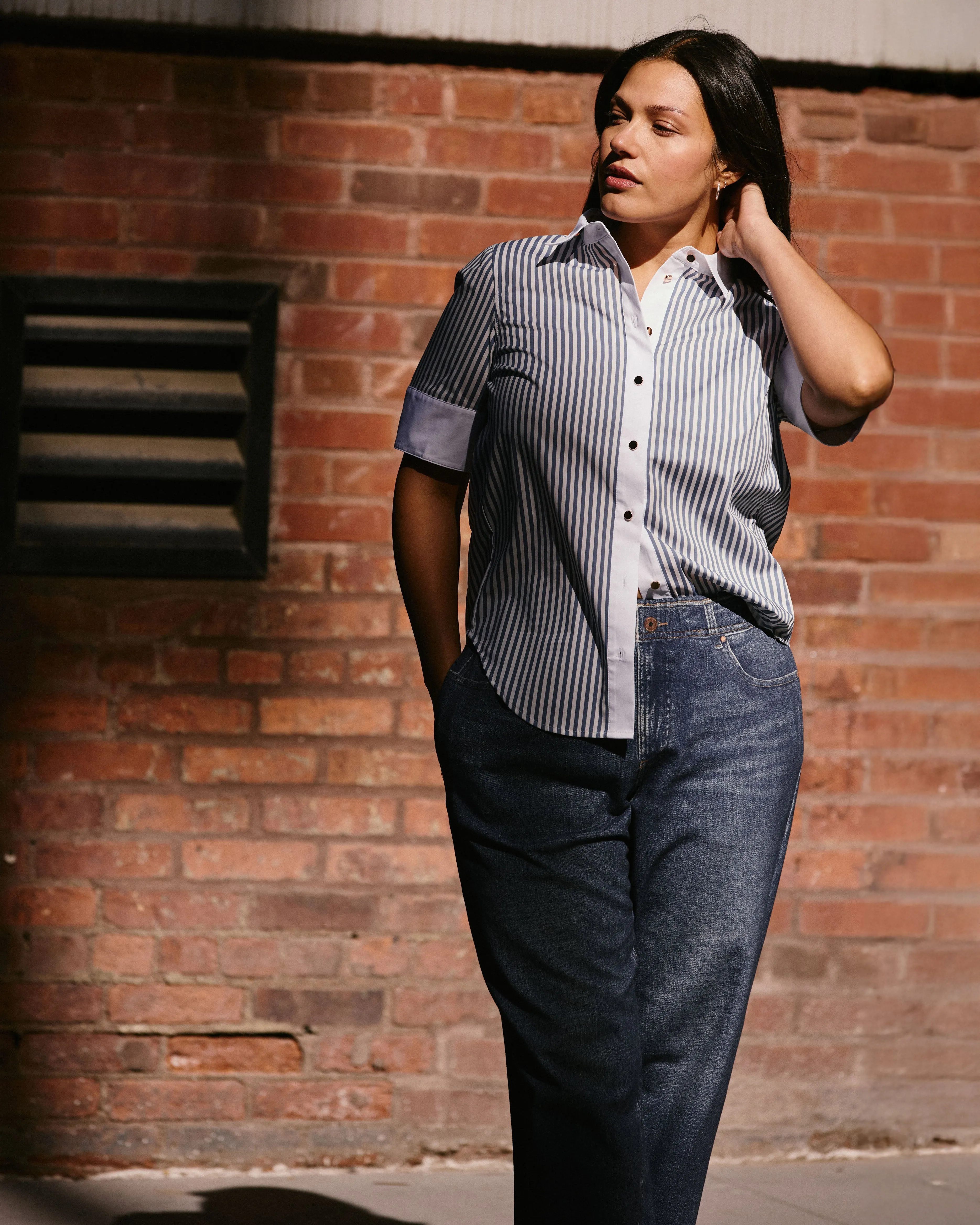 Elbe Stretch Poplin Short Sleeve Shirt - Blue Stripe with Contrast White sold by Universal Standard product image thumbnail 3