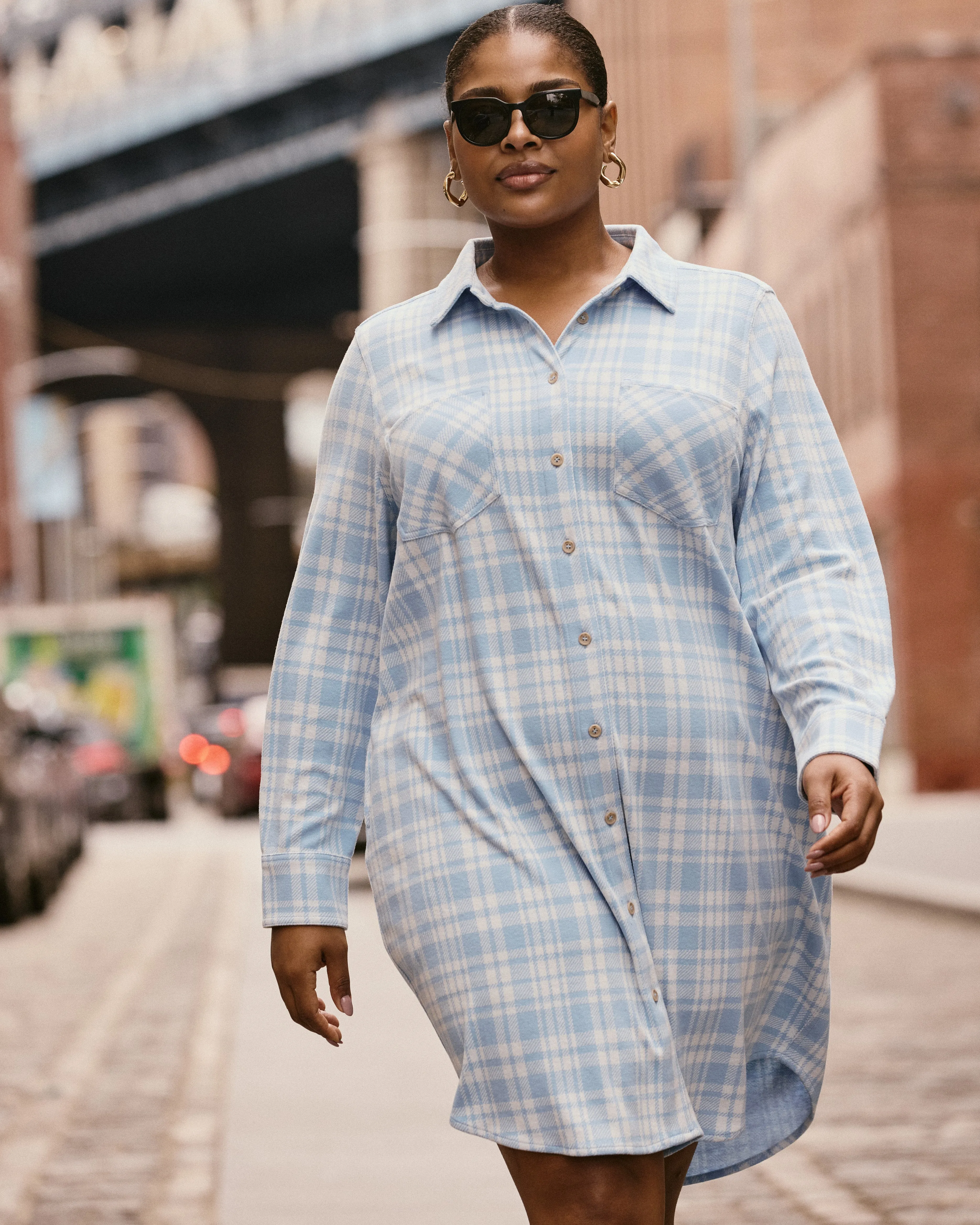 Maine Stretch Flannel Shirtdress - Teapot Whistle Blue Plaid sold by Universal Standard product image thumbnail 3