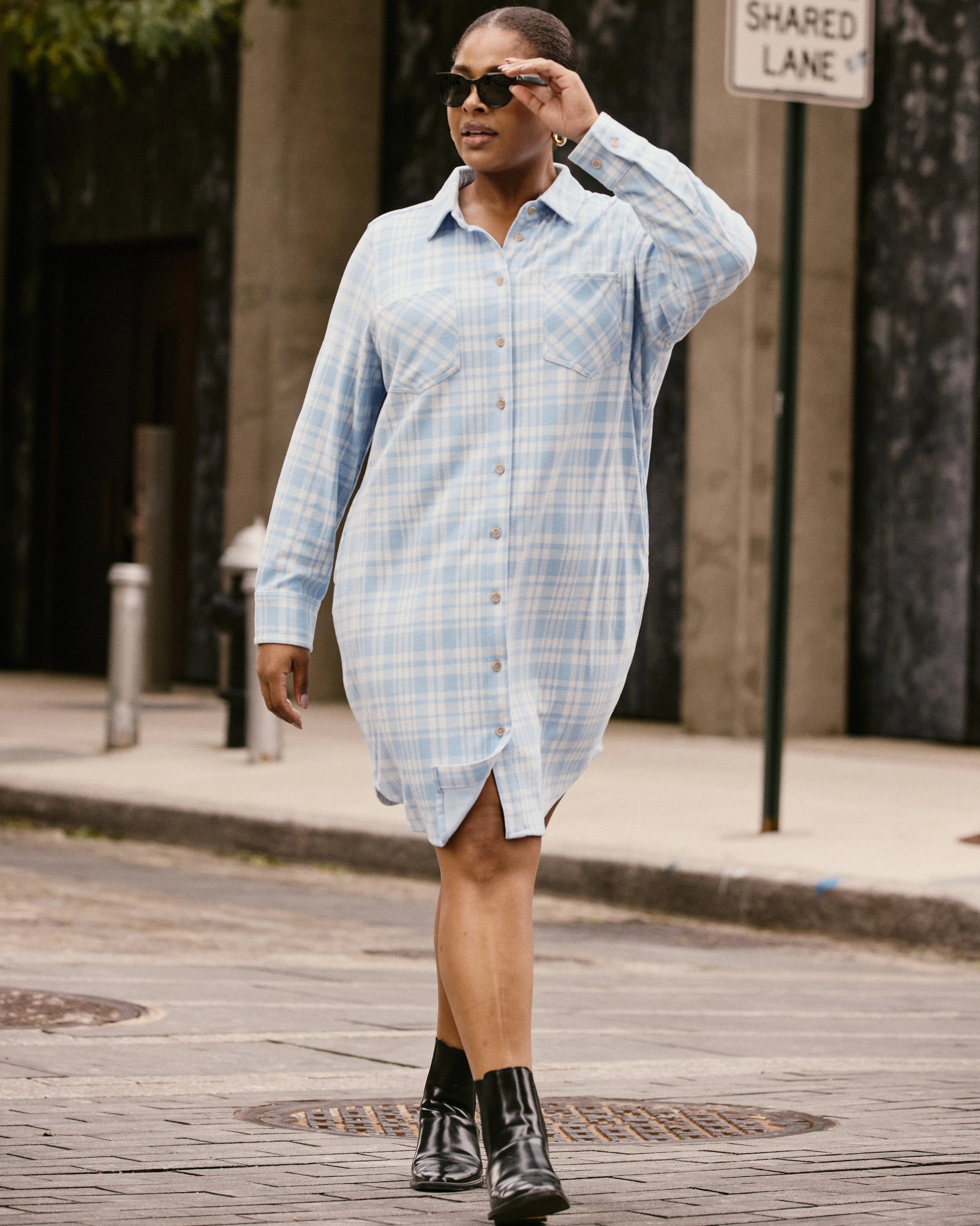 Maine Stretch Flannel Shirtdress - Teapot Whistle Blue Plaid sold by Universal Standard