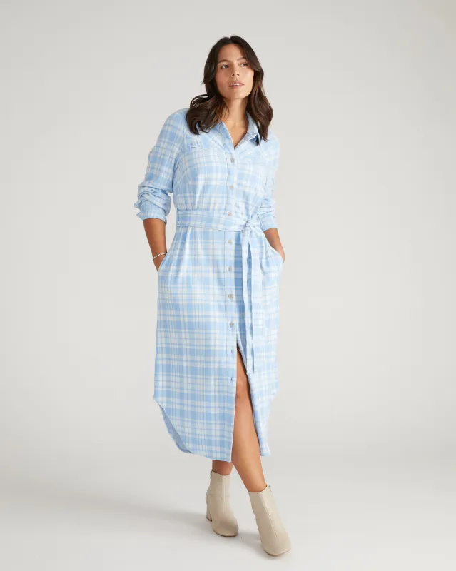 Morgan Belted Stretch Flannel Shirtdress - Teapot Whistle Blue Plaid sold by Universal Standard
