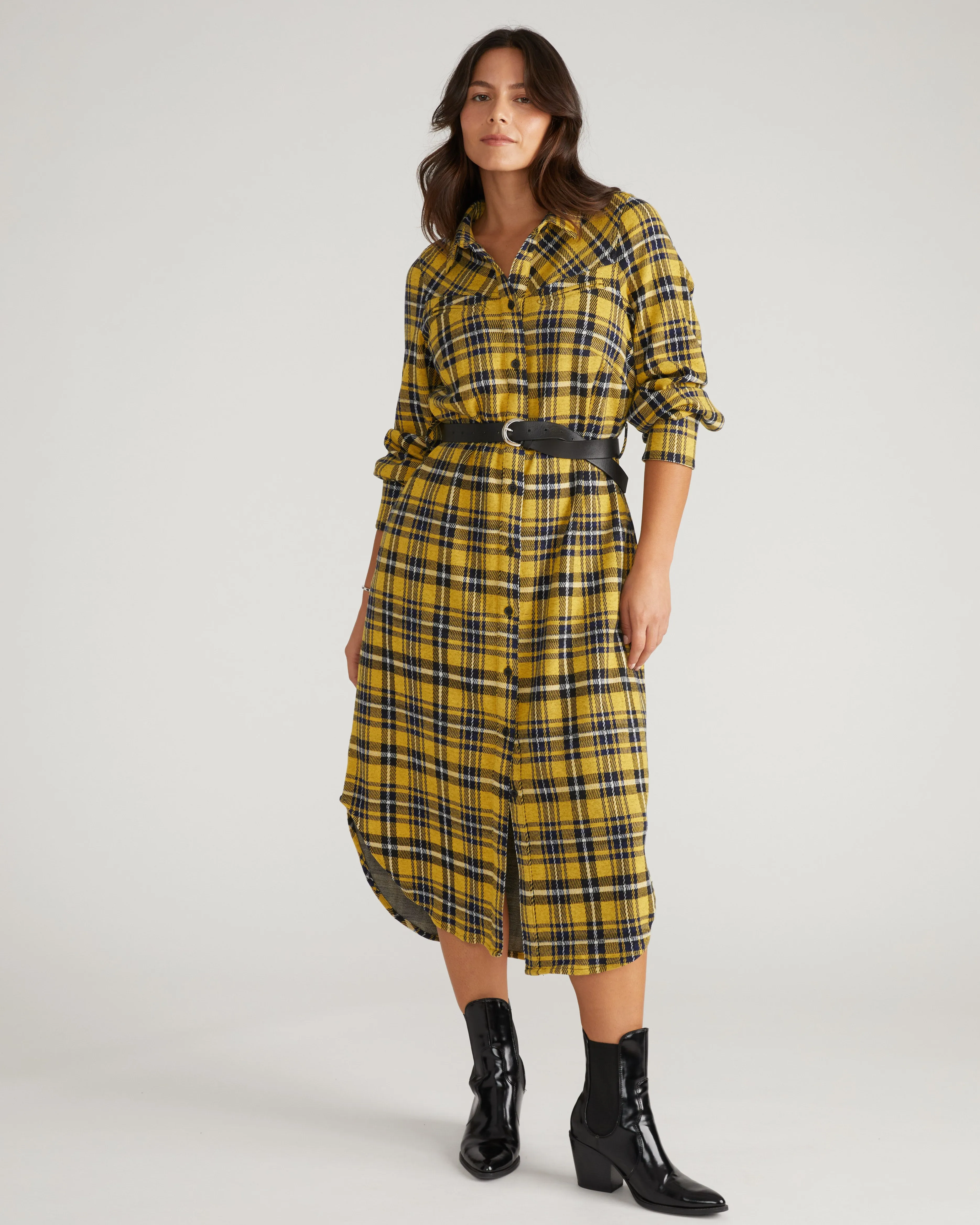 Morgan Belted Stretch Flannel Shirtdress - Chamomile Yellow Plaid sold by Universal Standard product image thumbnail 5
