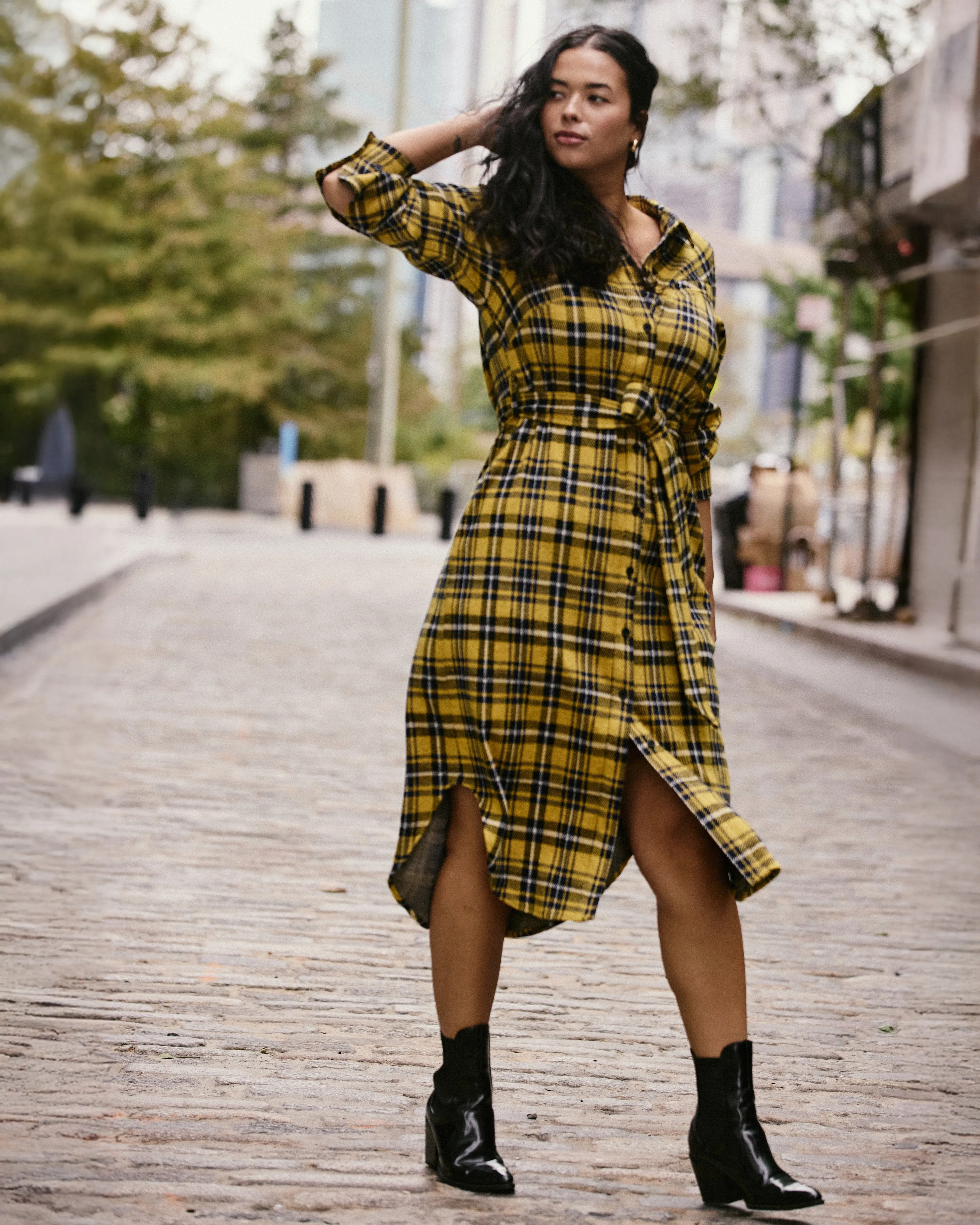 Morgan Belted Stretch Flannel Shirtdress - Chamomile Yellow Plaid sold by Universal Standard product image thumbnail 2