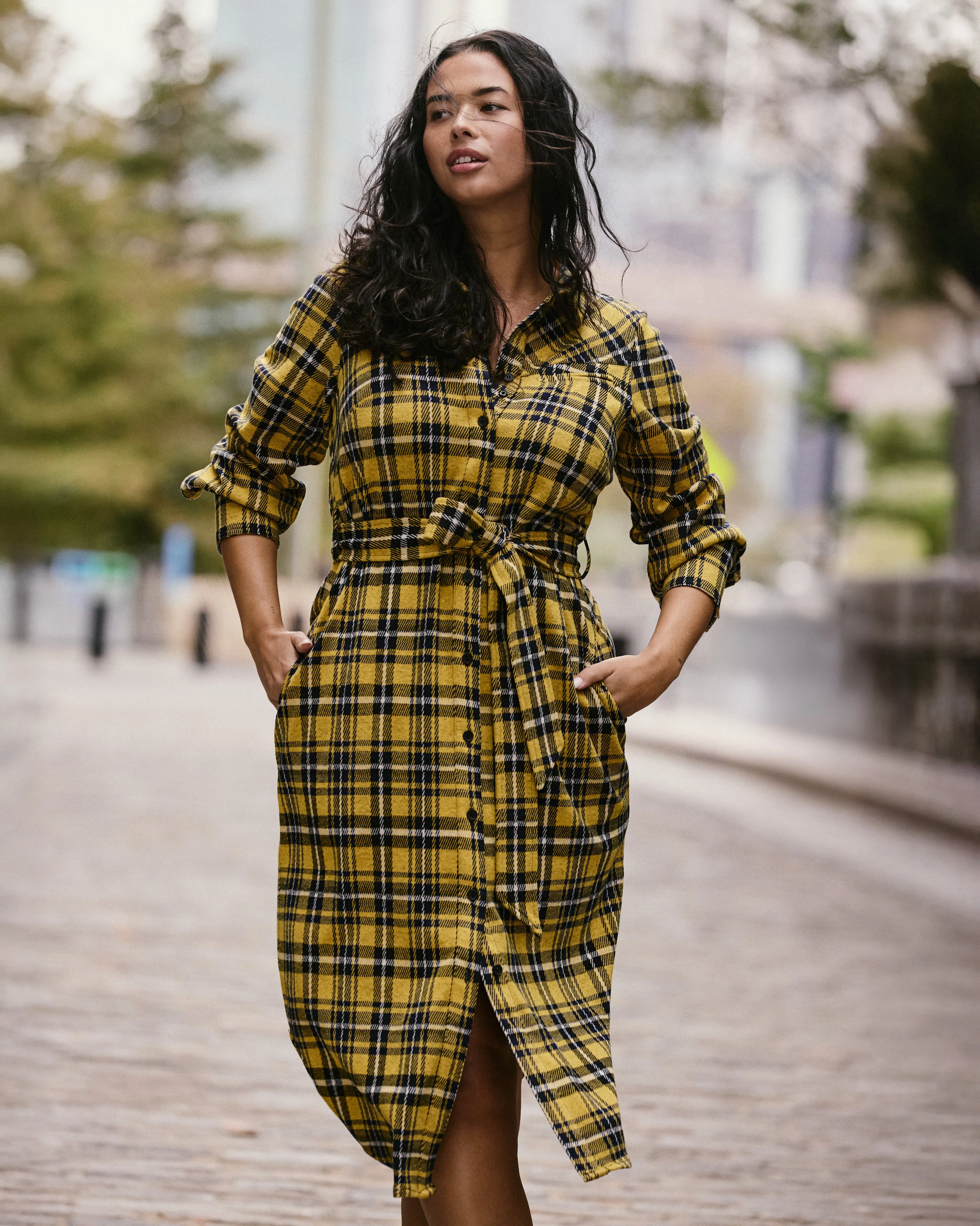 Morgan Belted Stretch Flannel Shirtdress - Chamomile Yellow Plaid sold by Universal Standard product image thumbnail 4