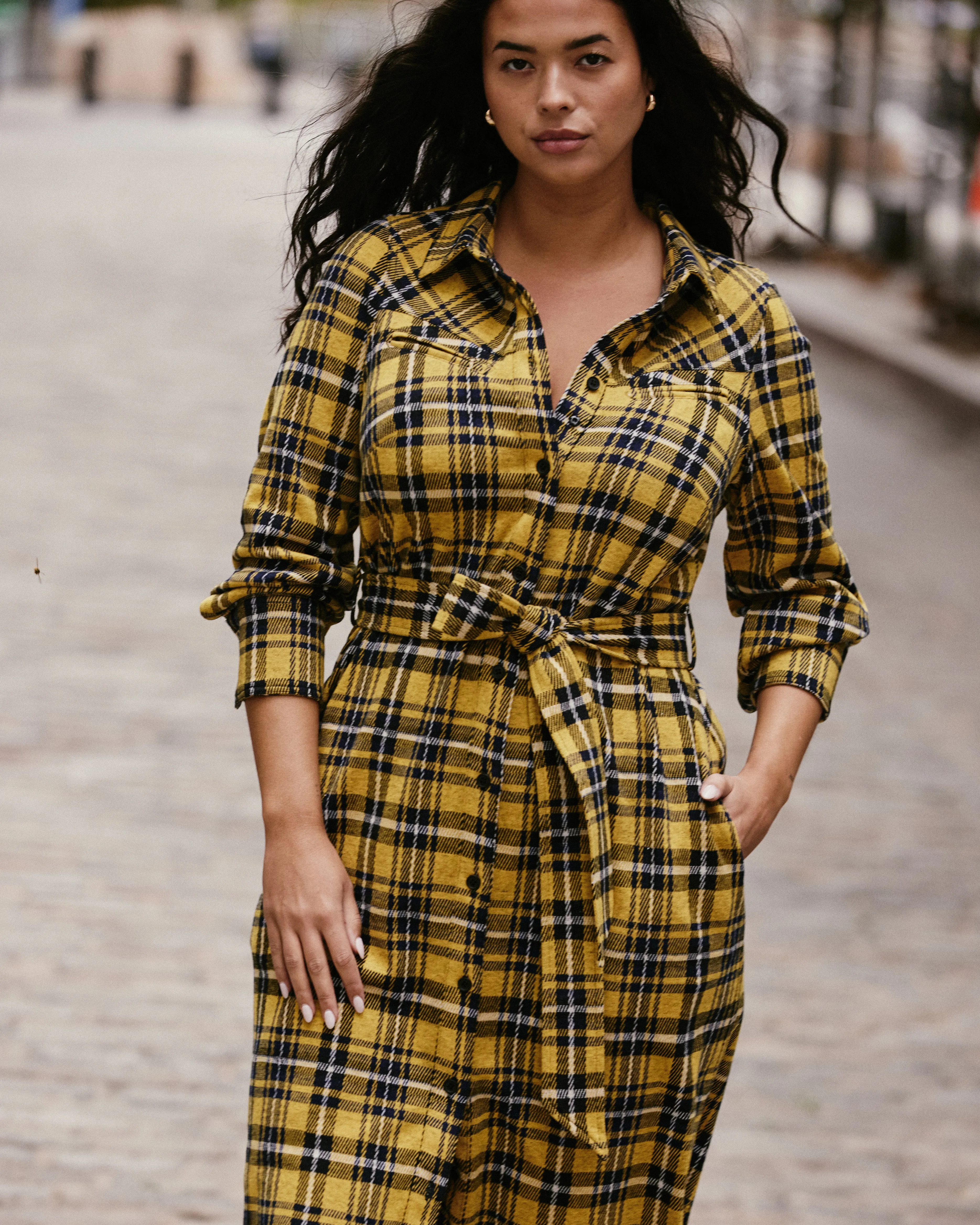 Morgan Belted Stretch Flannel Shirtdress - Chamomile Yellow Plaid sold by Universal Standard