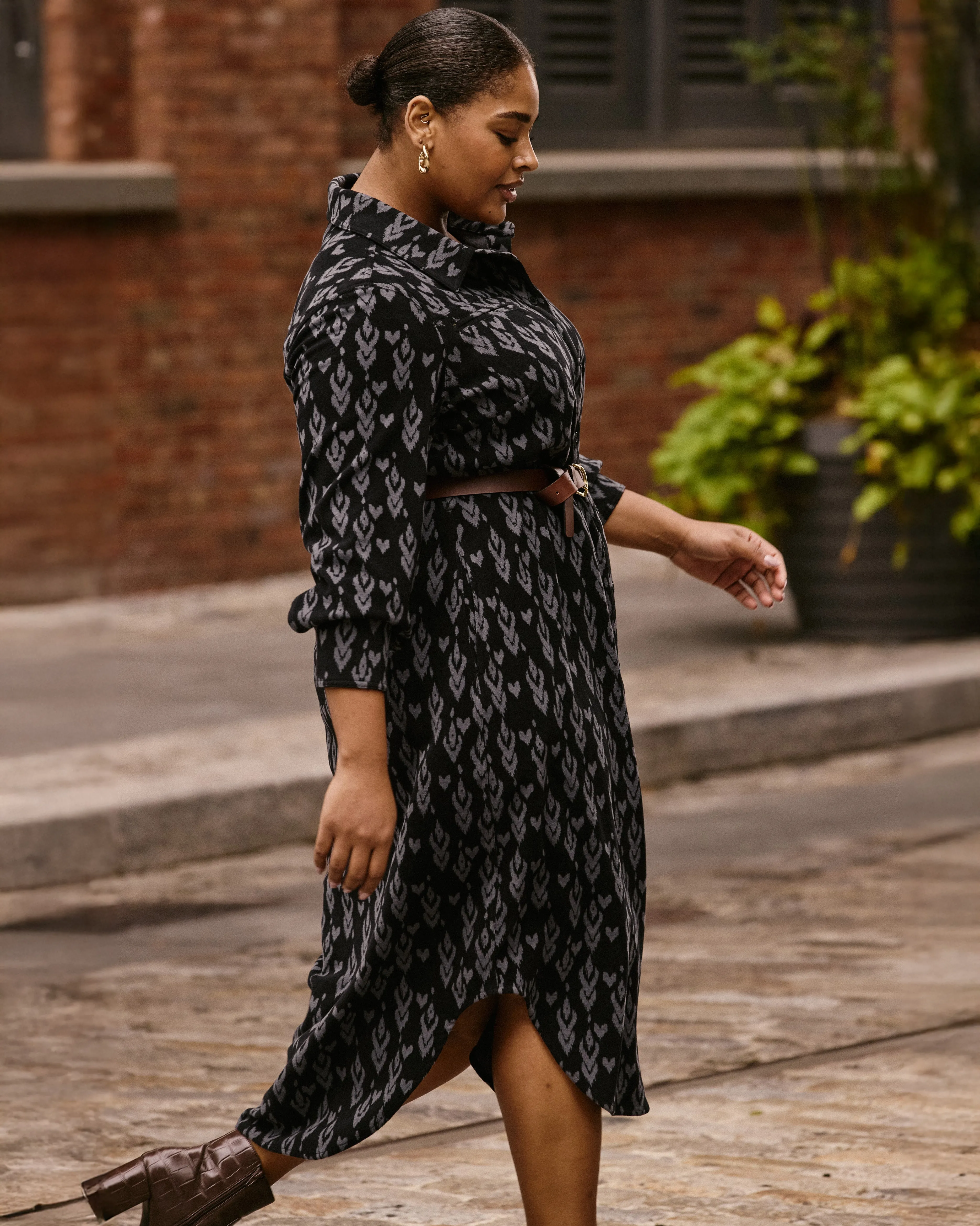 Morgan Belted Stretch Flannel Shirtdress - Indigo Ikat Arrow sold by Universal Standard product image thumbnail 2