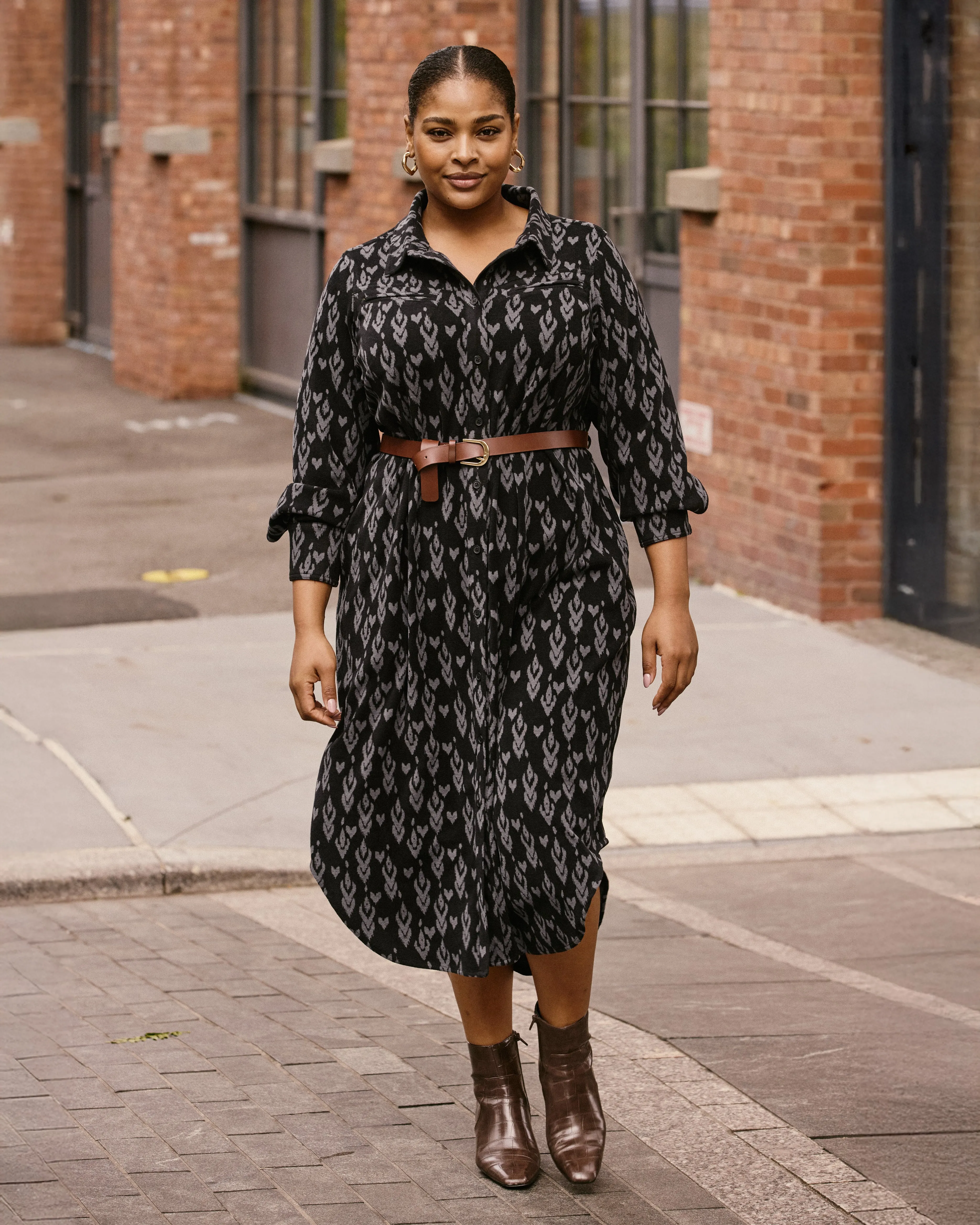 Morgan Belted Stretch Flannel Shirtdress - Indigo Ikat Arrow sold by Universal Standard