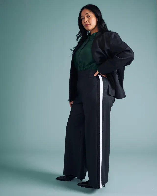 Stephanie Wide Leg Denim Look Stripe Ponte Pants 30 Inch - Charcoal Denim with Black/White Stripe sold by Universal Standard