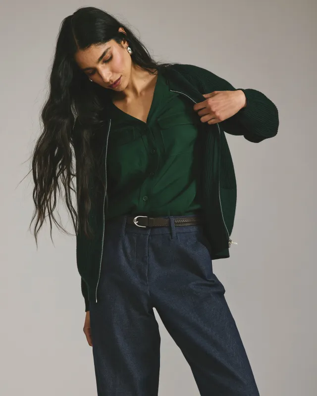 Cooling Stretch Cupro Button-Down Blouse - Forest Green sold by Universal Standard