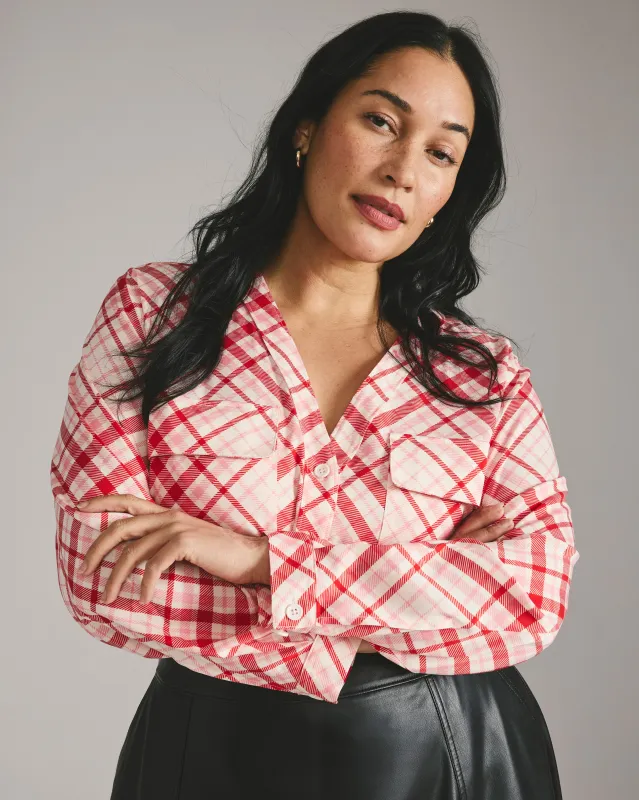 Cooling Stretch Cupro Button-Down Blouse - Red Plaid Print sold by Universal Standard