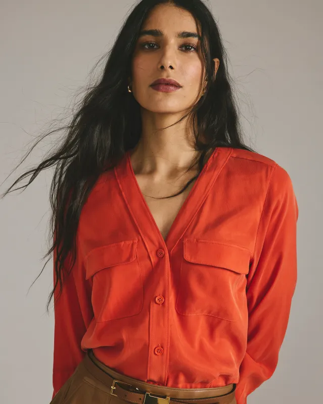 Cooling Stretch Cupro Button-Down Blouse - Orange Flame sold by Universal Standard