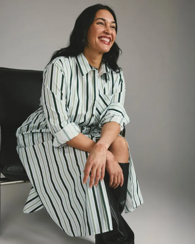 Odeon Stretch Poplin Shirtdress - Forest Green Multi Stripe sold by Universal Standard