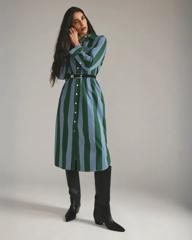 Odeon Stretch Poplin Shirtdress - Green/Blue Directional Stripe sold by Universal Standard