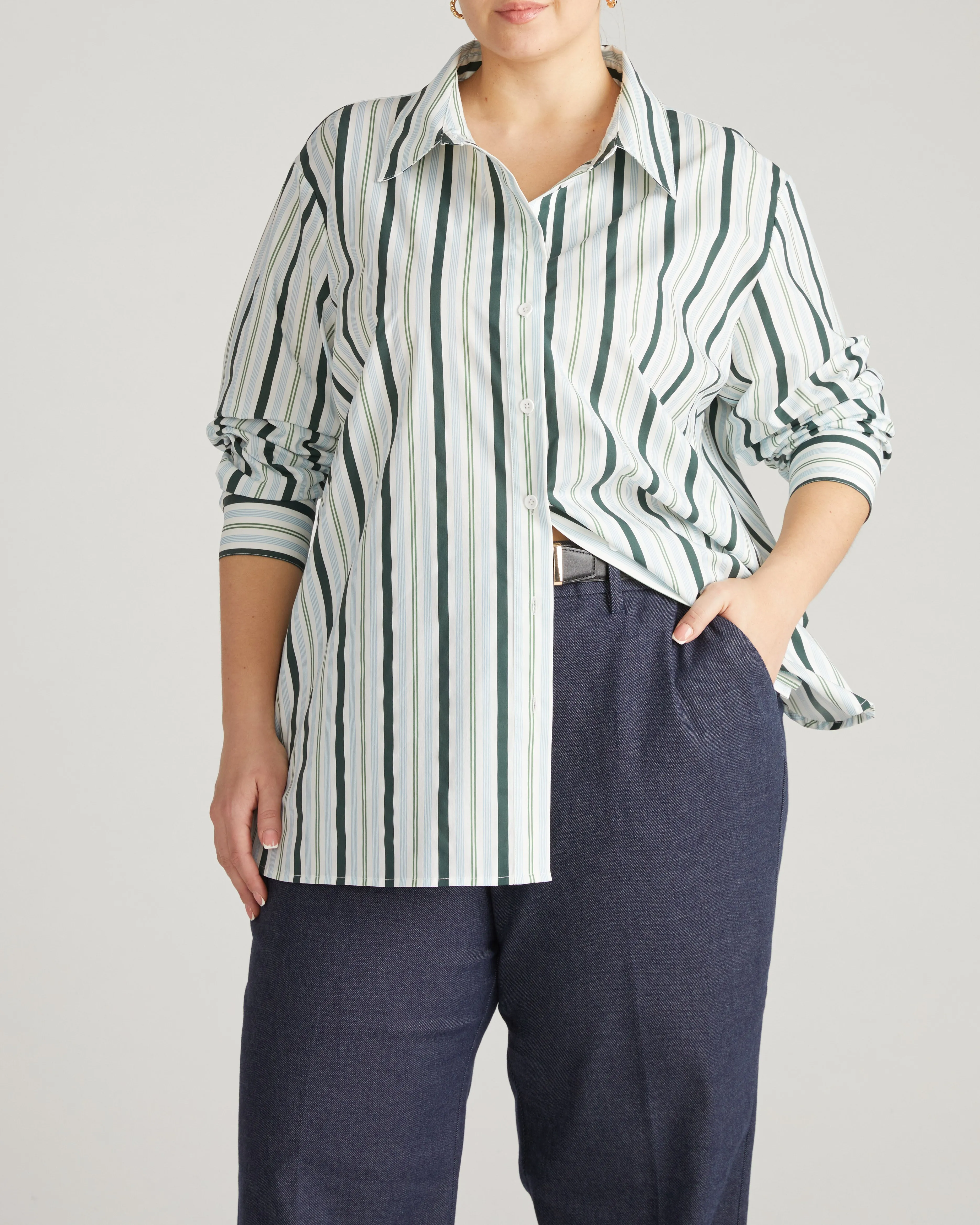 The Artist Poplin Shirt - Forest Green Multi Stripe sold by Universal Standard product image thumbnail 2
