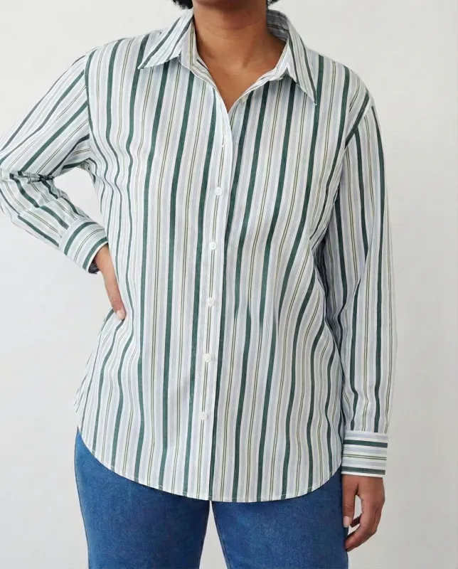The Artist Poplin Shirt - Forest Green Multi Stripe sold by Universal Standard