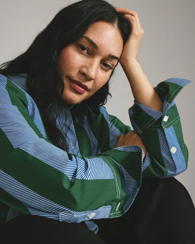 Henning x US Madison Shirt - Green/Blue Directional Stripe sold by Universal Standard