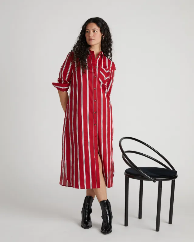 Odeon Stretch Poplin Shirtdress - Red/Black/White Stripe sold by Universal Standard