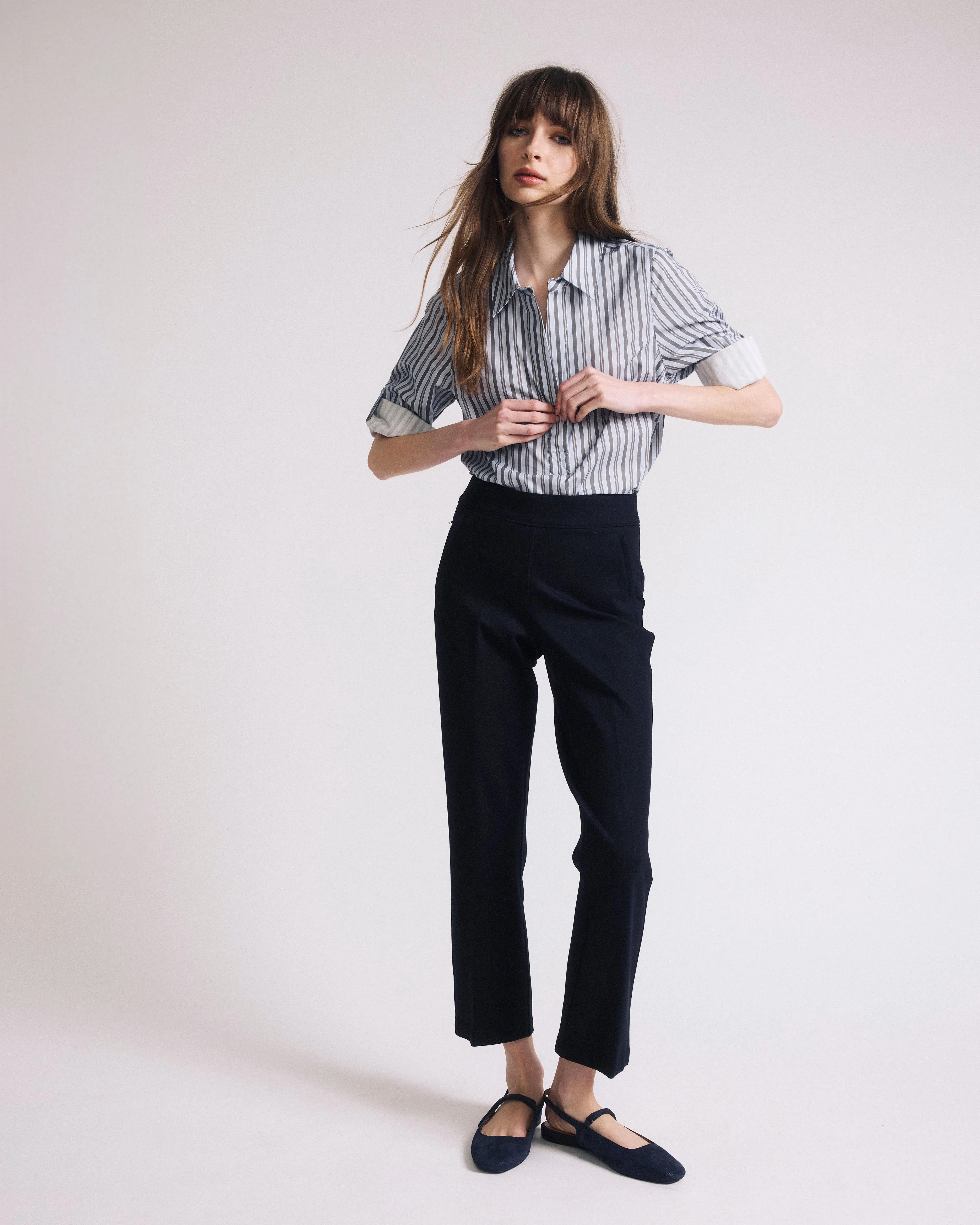 Button Back Poplin Polo Shirt - Smokey Blue Stripe sold by Universal Standard