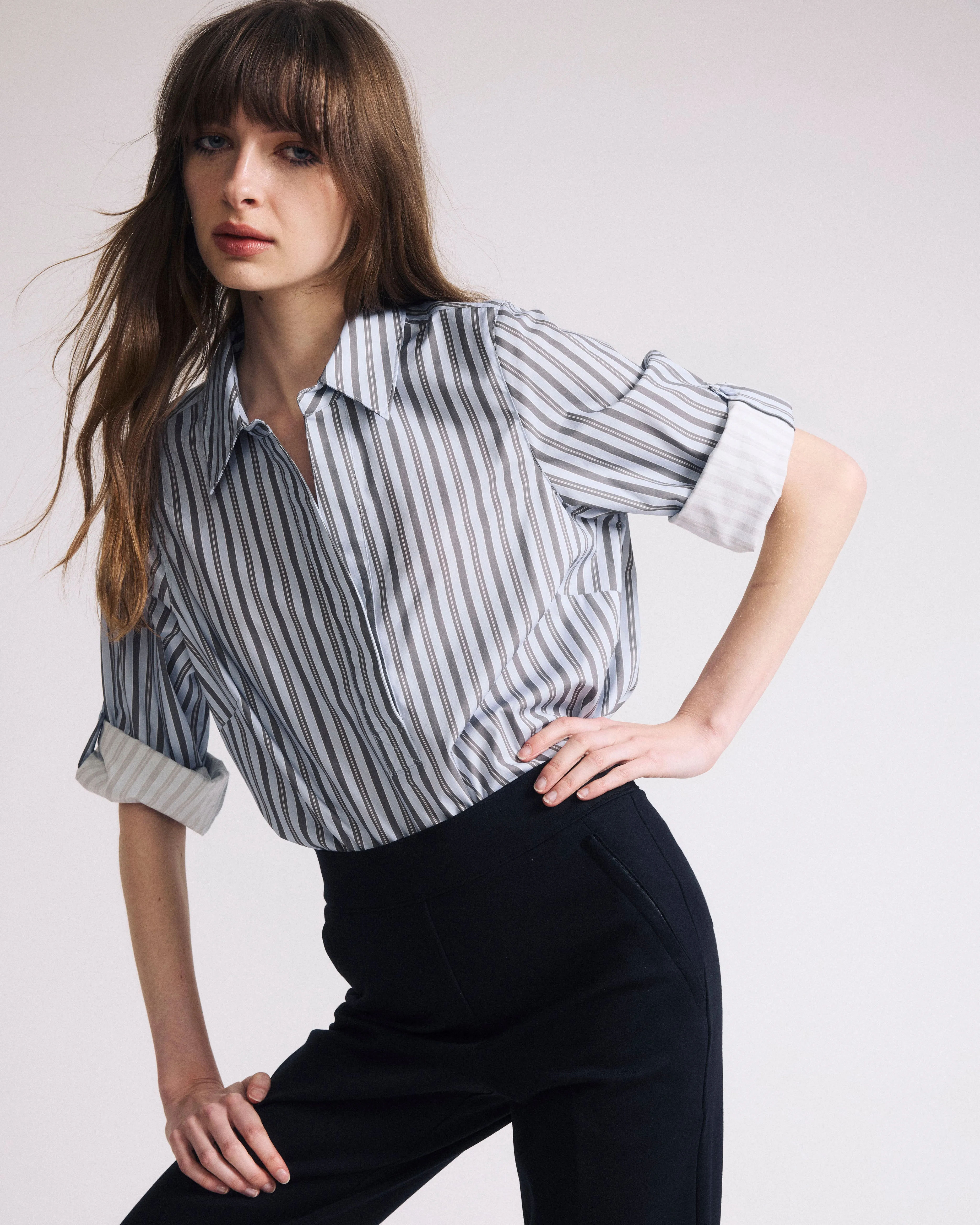 Button Back Poplin Polo Shirt - Smokey Blue Stripe sold by Universal Standard product image thumbnail 3