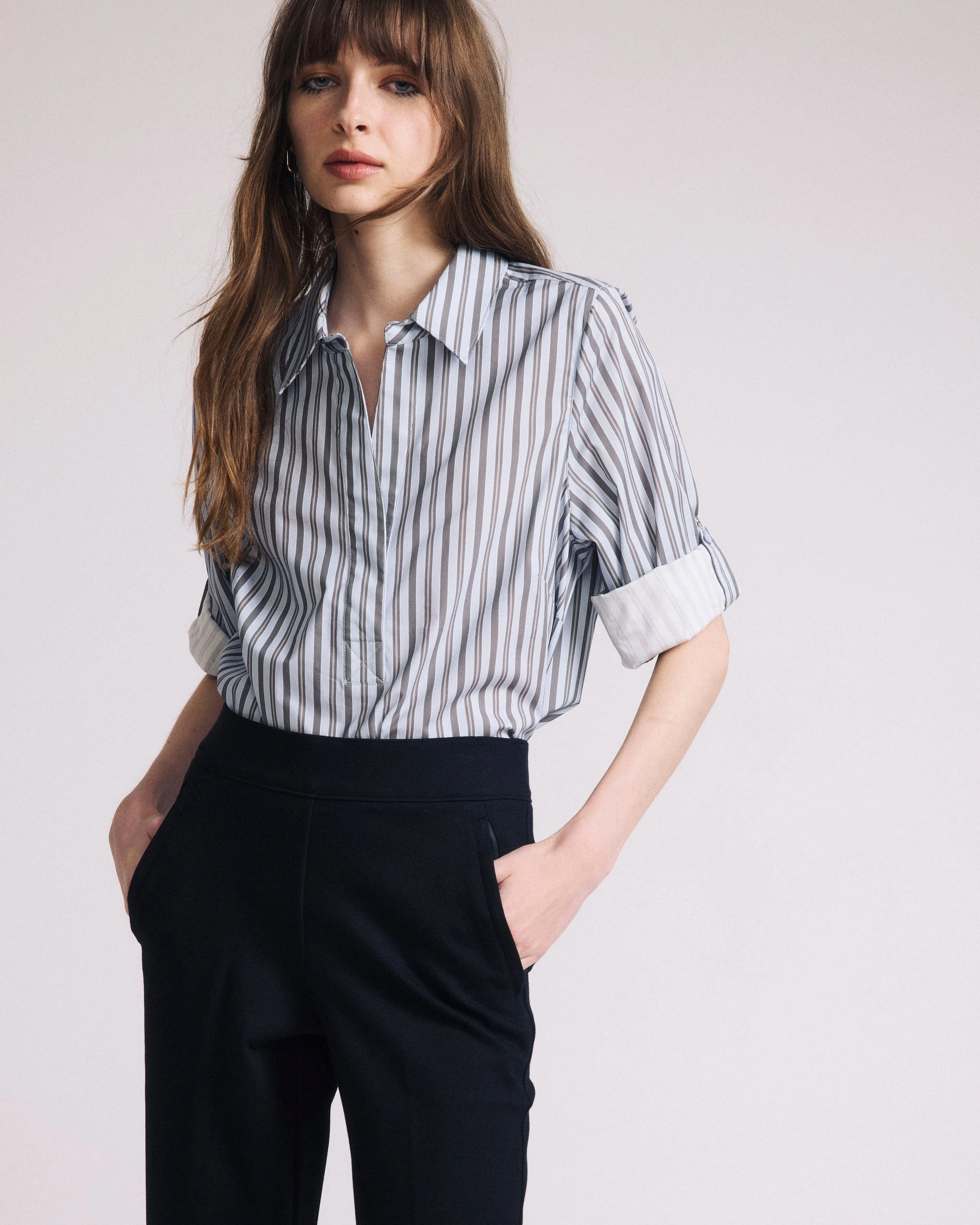 Button Back Poplin Polo Shirt - Smokey Blue Stripe sold by Universal Standard product image thumbnail 4