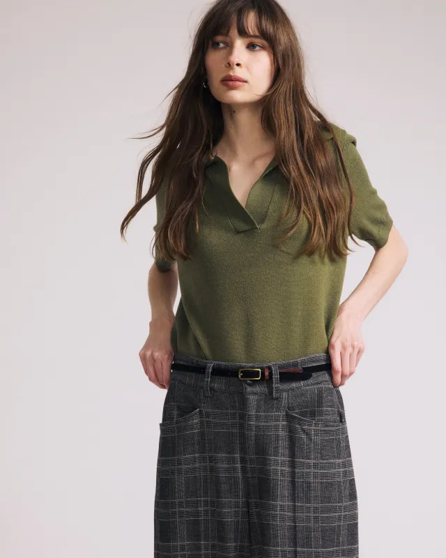 Savvy Fine Knit Short Sleeve Polo Sweater - Olive Leaf sold by Universal Standard
