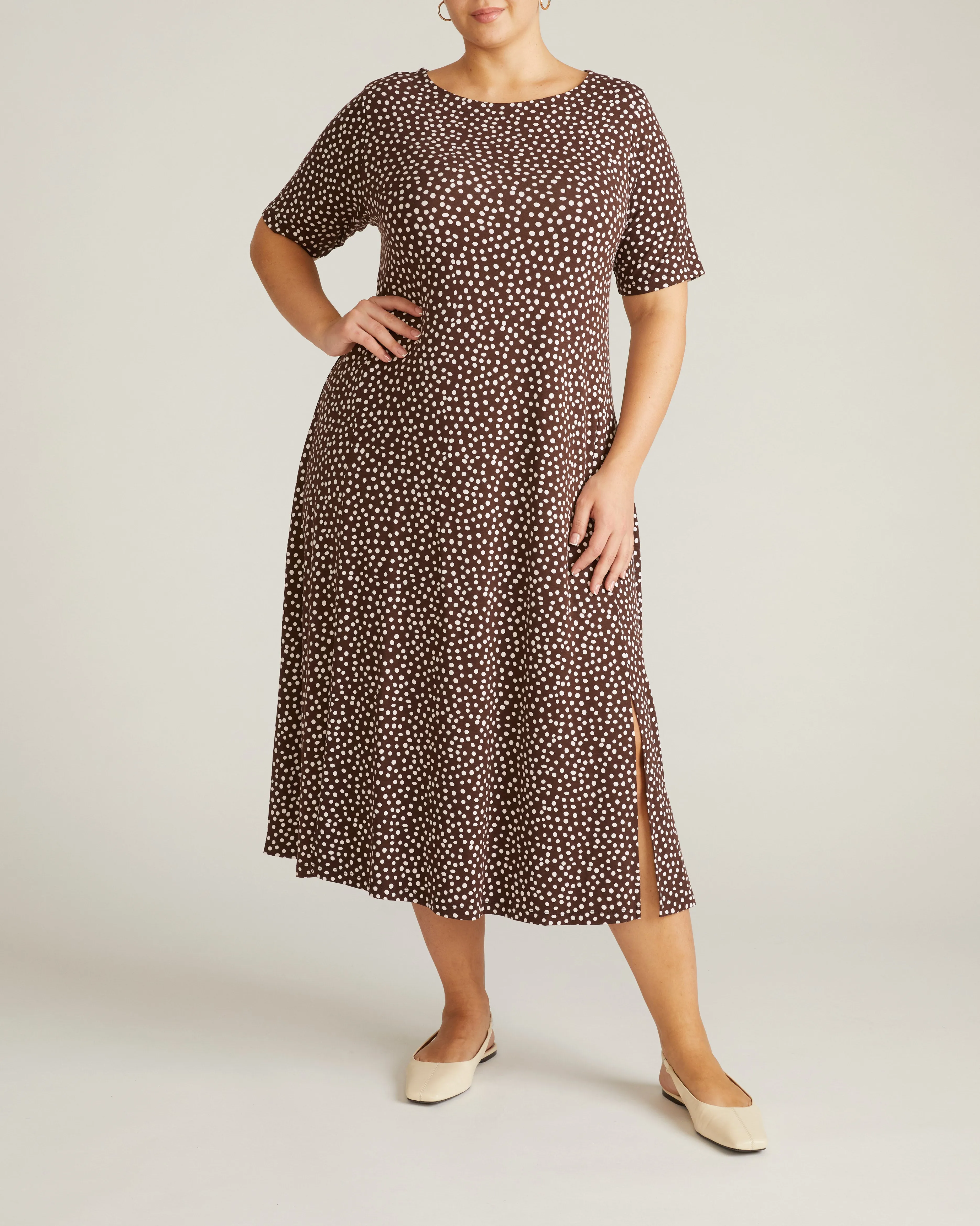 Serena Boatneck Divine Jersey Dress - Brown/White Dot Print sold by Universal Standard product image thumbnail 3