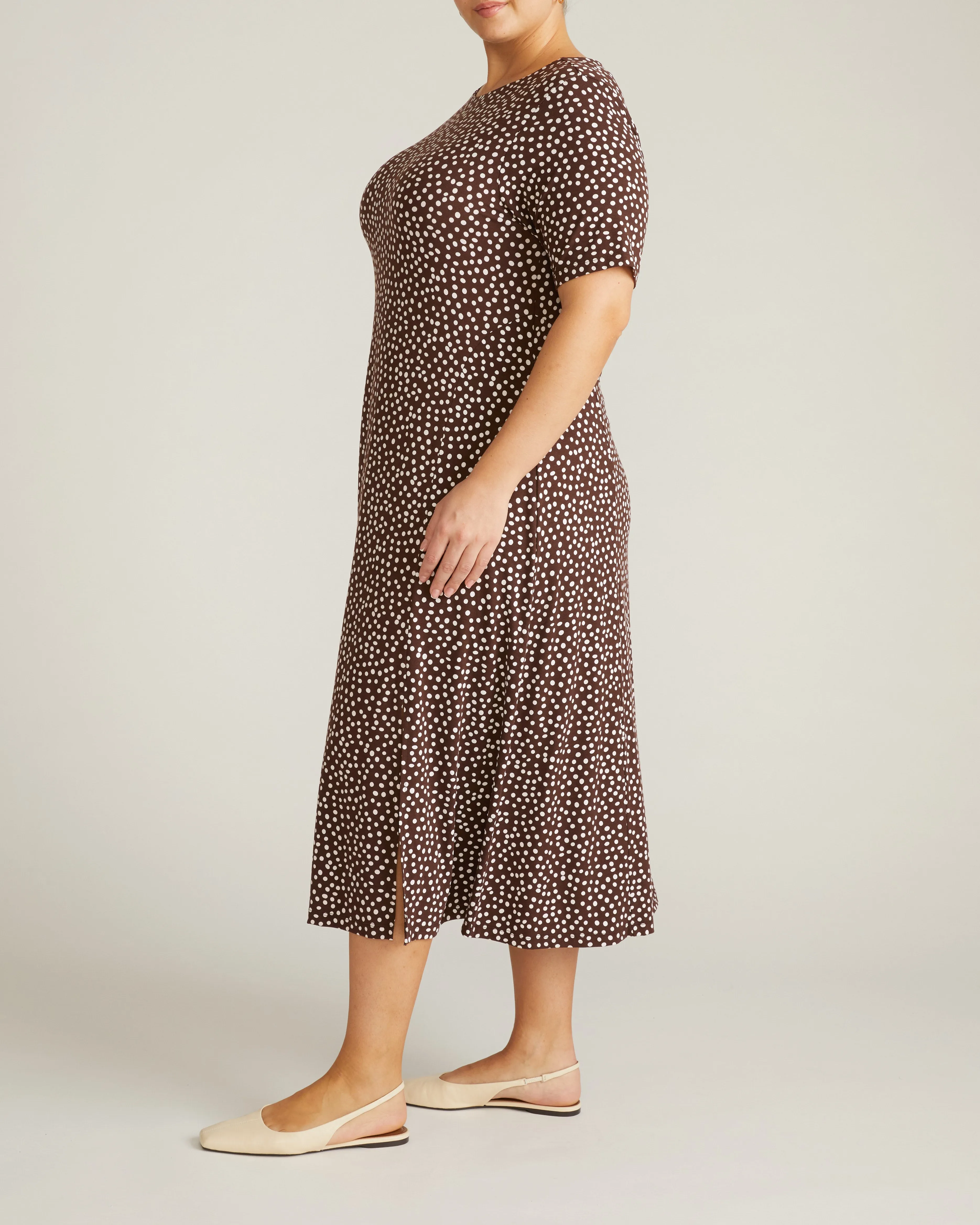 Serena Boatneck Divine Jersey Dress - Brown/White Dot Print sold by Universal Standard product image thumbnail 4