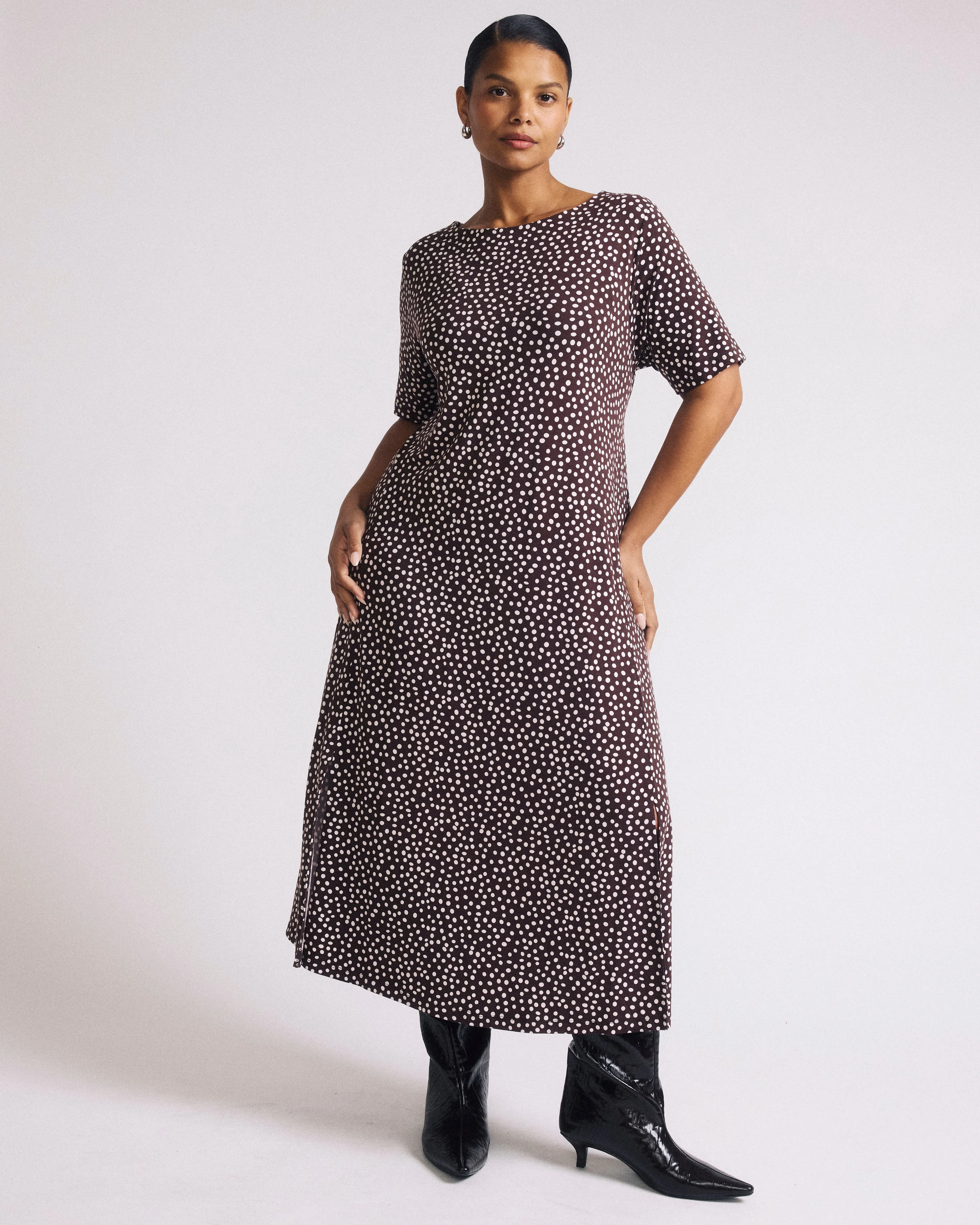 Serena Boatneck Divine Jersey Dress - Brown/White Dot Print sold by Universal Standard product image thumbnail 2