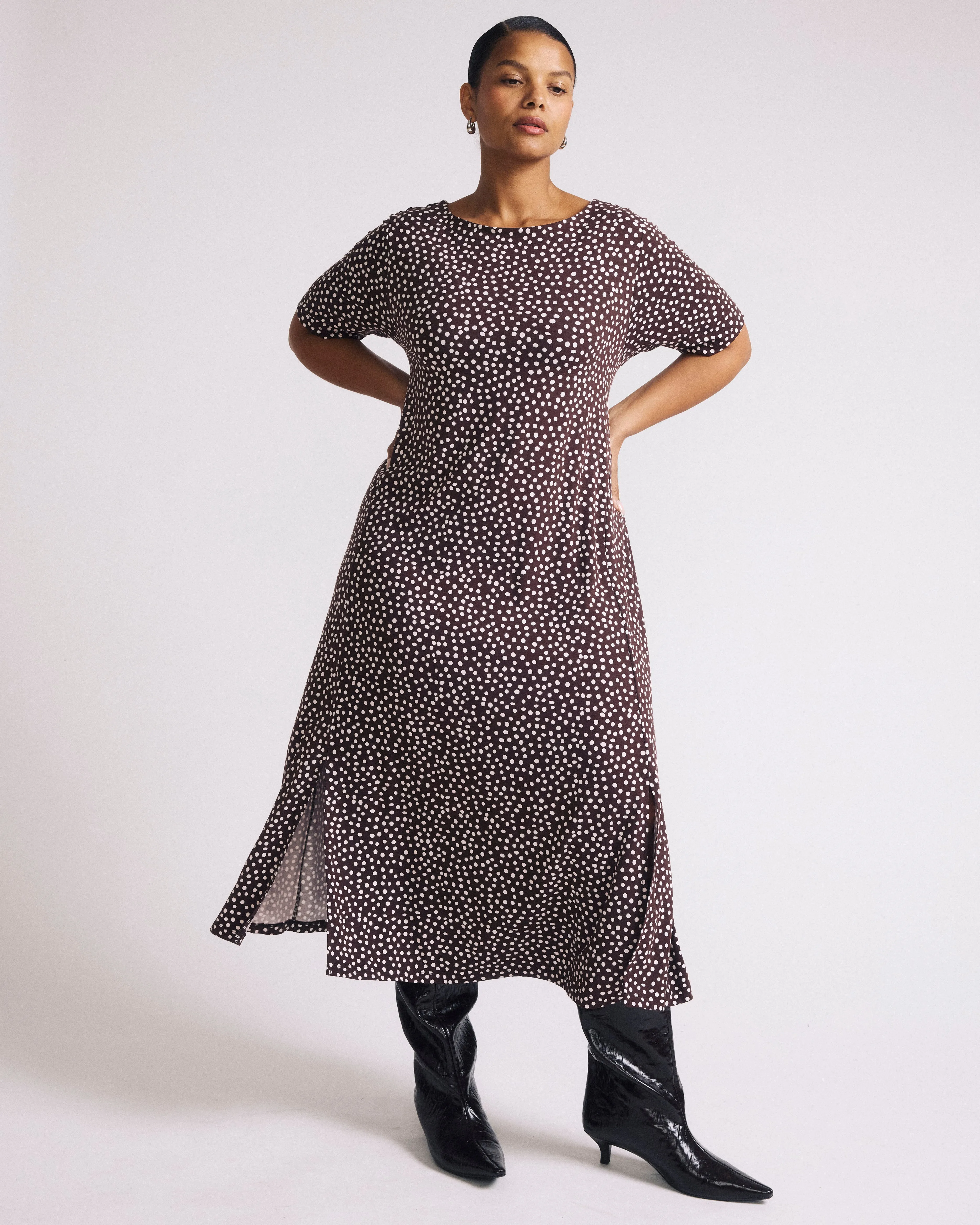 Serena Boatneck Divine Jersey Dress - Brown/White Dot Print sold by Universal Standard