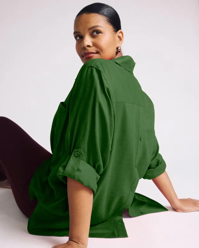 Button Back Linen Polo Shirt - Green Park sold by Universal Standard