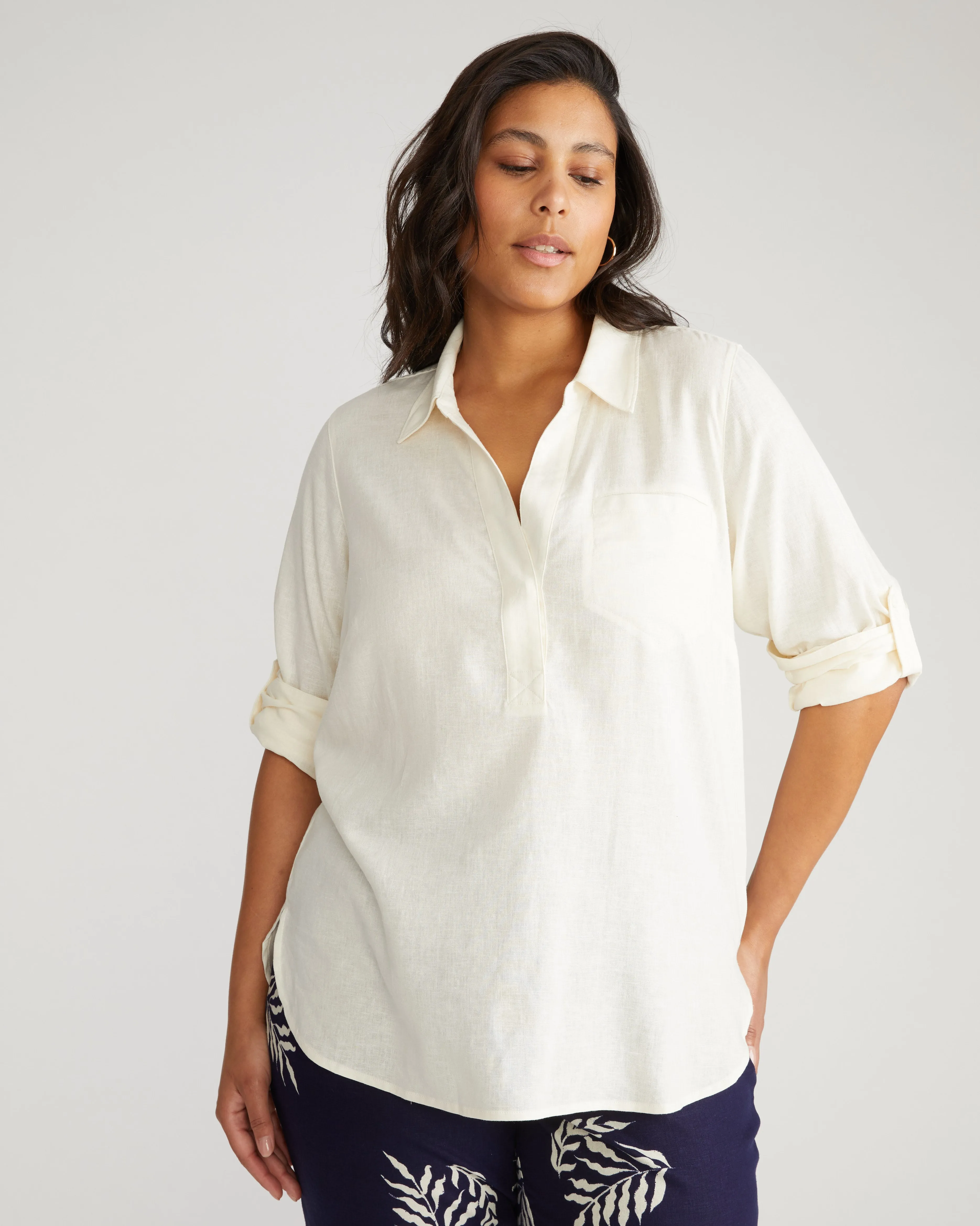 Button Back Linen Polo Shirt - Natural White sold by Universal Standard