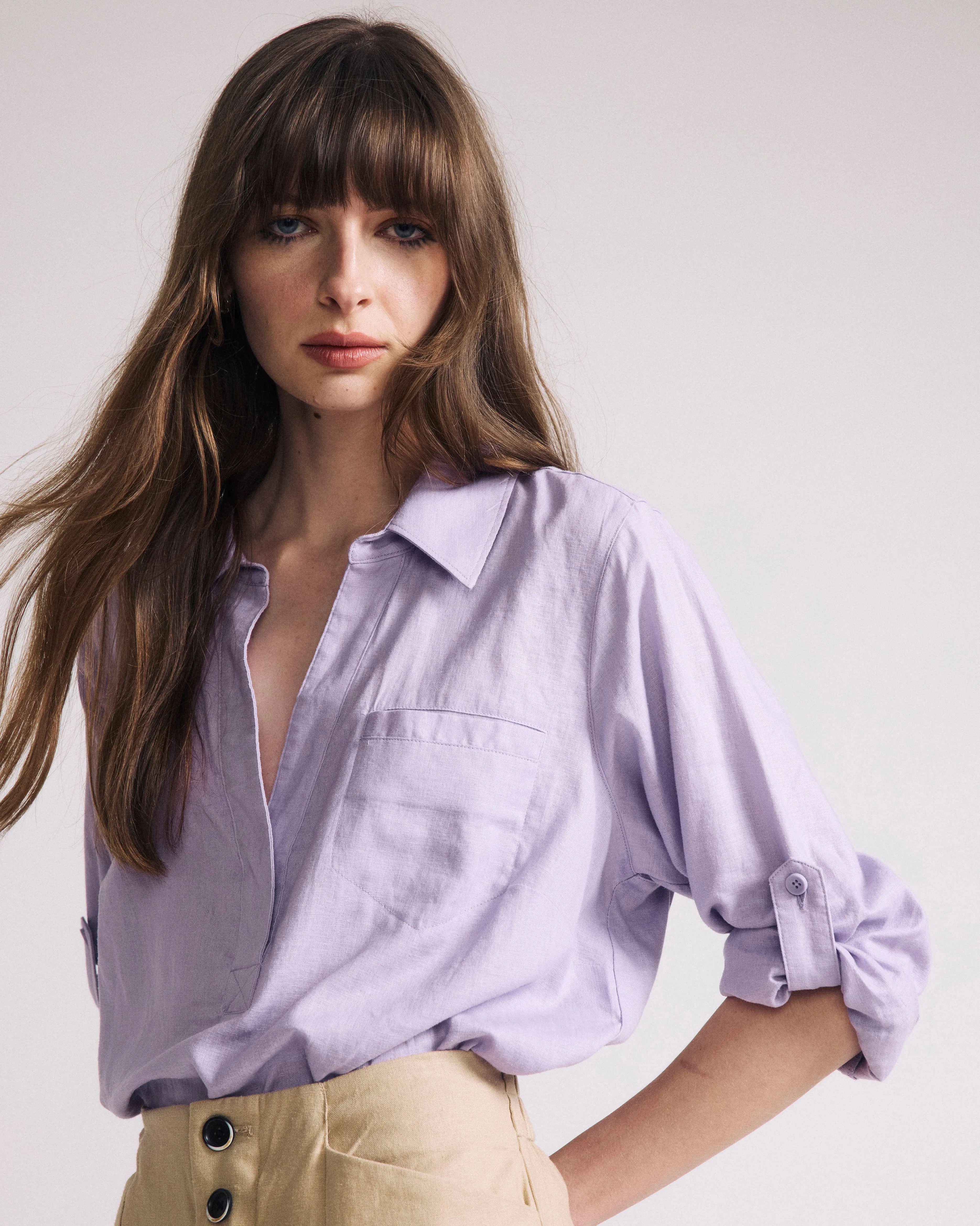 Elbe Popover Stretch Linen Shirt - Orchid sold by Universal Standard product image thumbnail 4