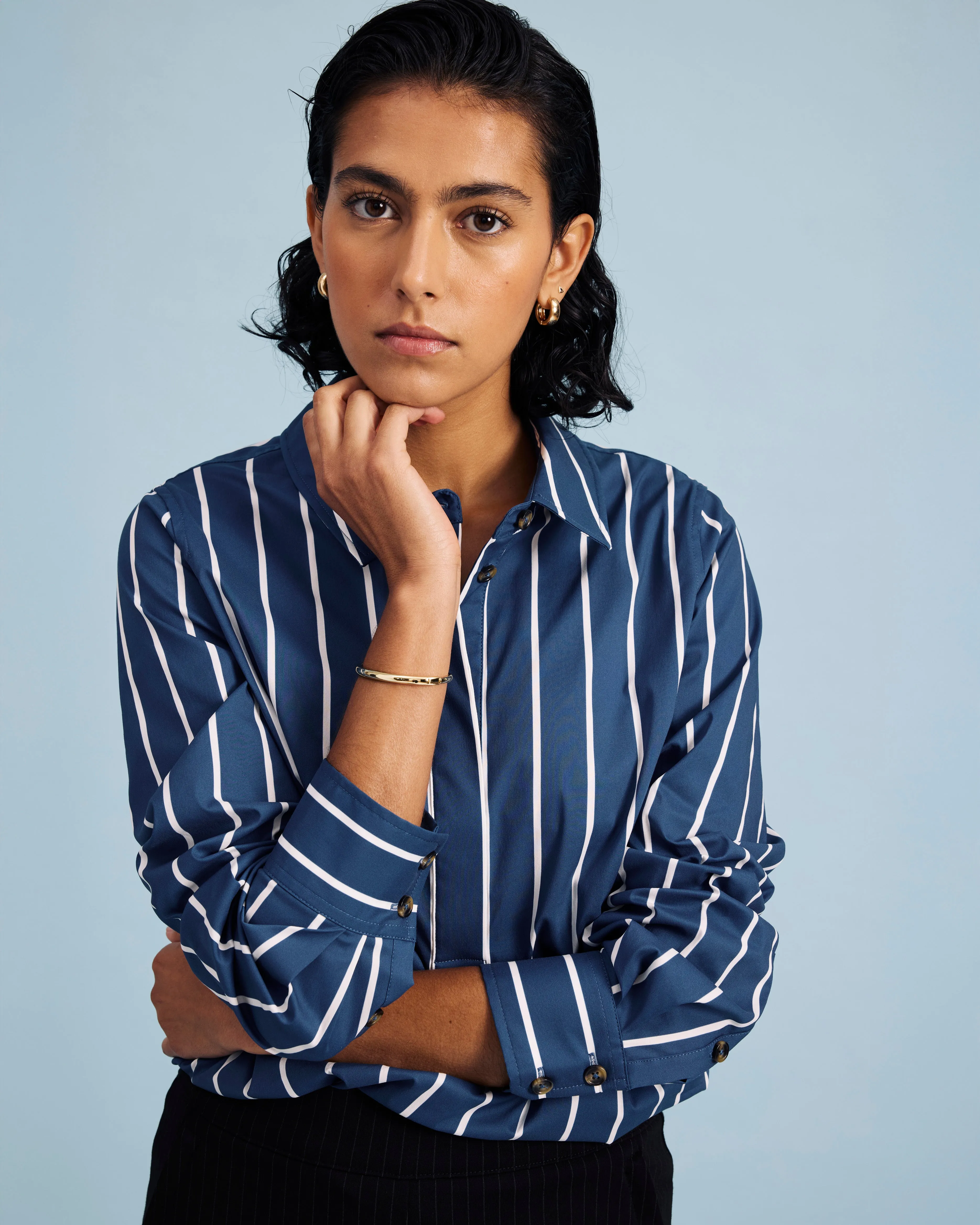 Elbe Stretch Poplin Shirt Classic Fit - Ensign Blue/White Stripe sold by Universal Standard
