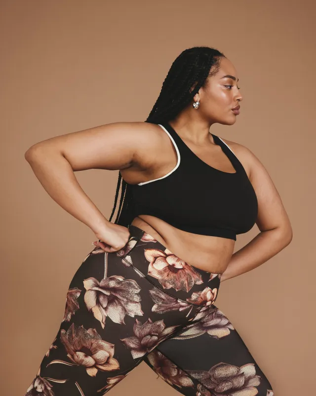 Next-to-Naked Racerback Sports Bra - Deep Brown/Dove Wing Trim sold by Universal Standard