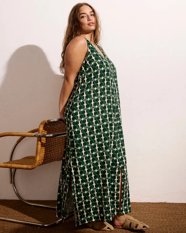 Islet Button-Down Linen Maxi Dress - Green Trellis Print made by Universal Standard