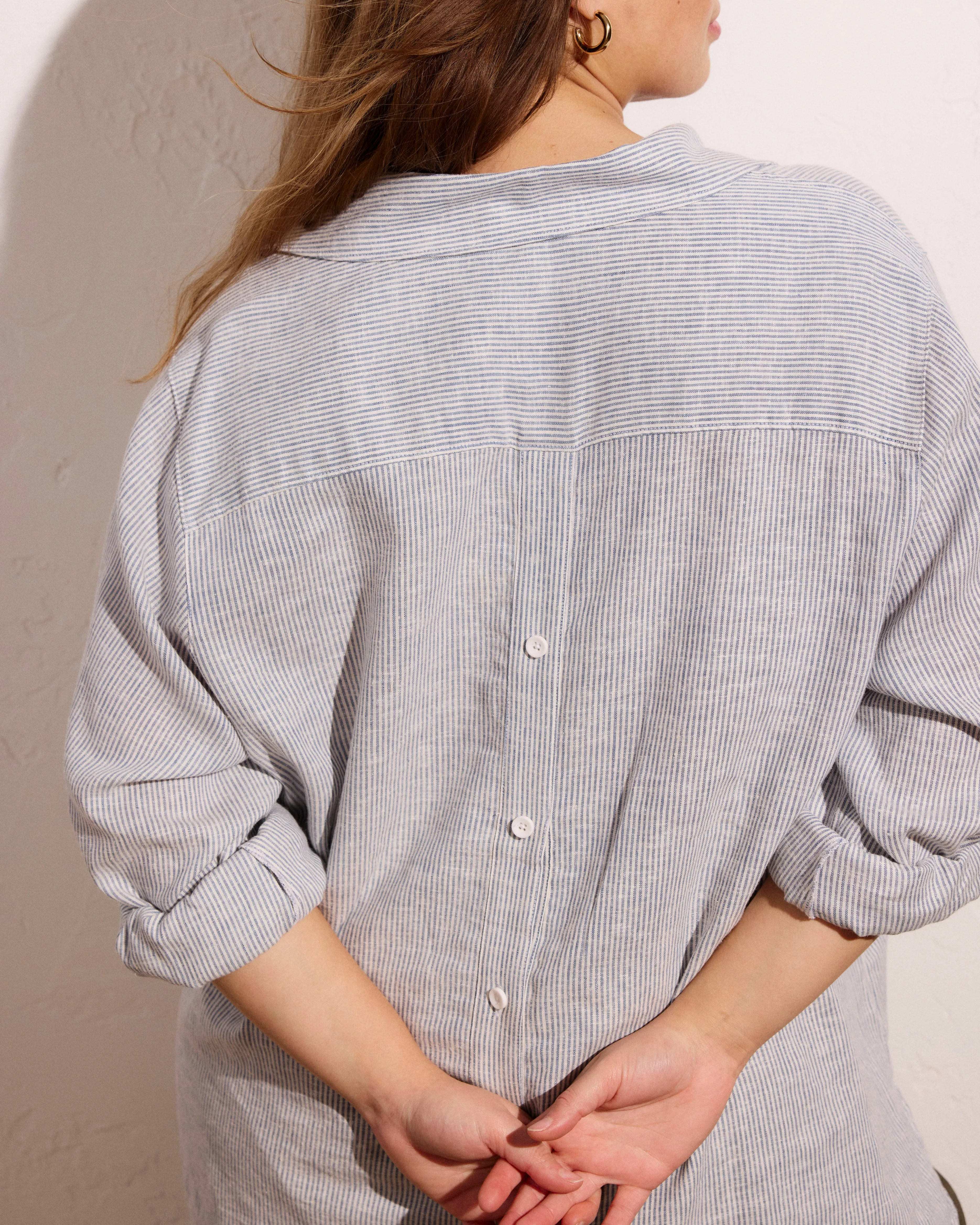 Button Back Linen Polo Shirt - Beach Stripe sold by Universal Standard