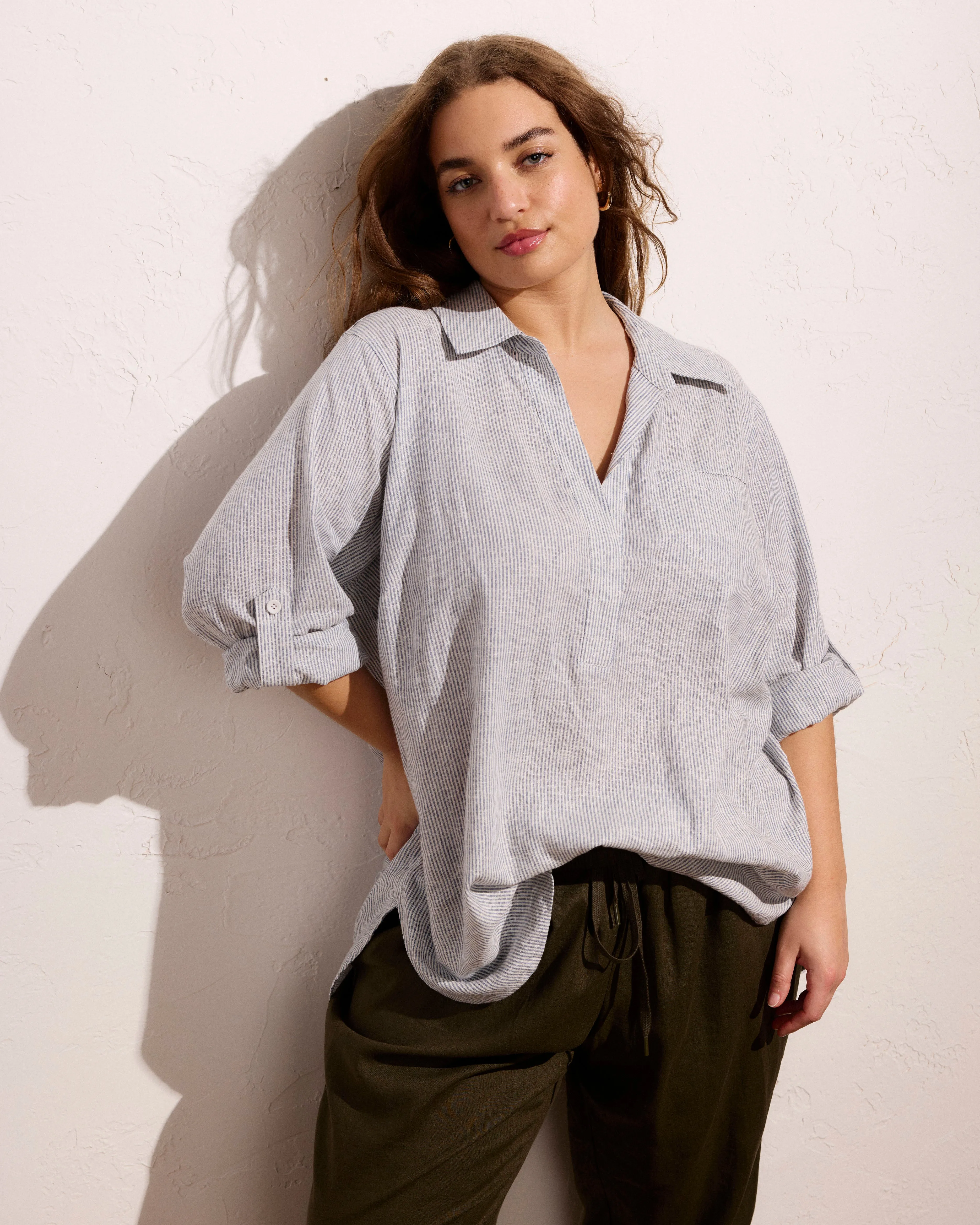 Button Back Linen Polo Shirt - Beach Stripe sold by Universal Standard product image thumbnail 2