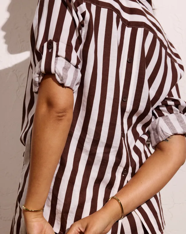 Button Back Linen Polo Shirt - Peppercorn Stripe made by Universal Standard