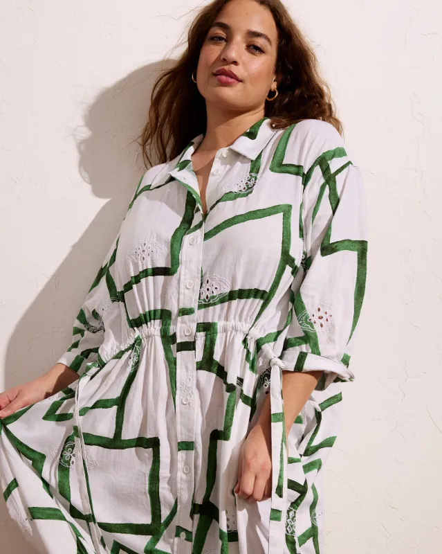 Paros Drawstring Linen Shirtdress - Green Paint Print made by Universal Standard