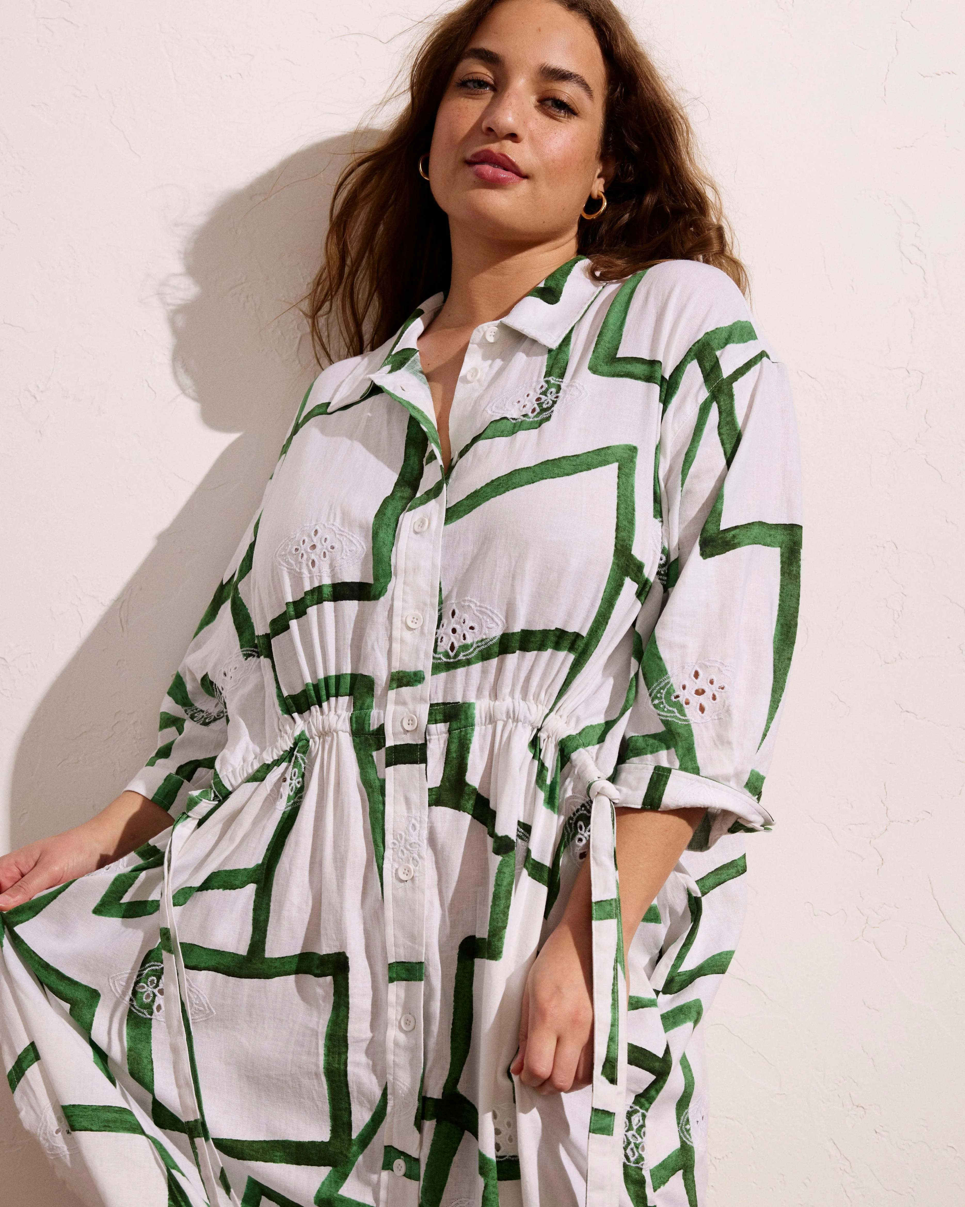 Paros Drawstring Linen Shirtdress - Green Paint Print sold by Universal Standard