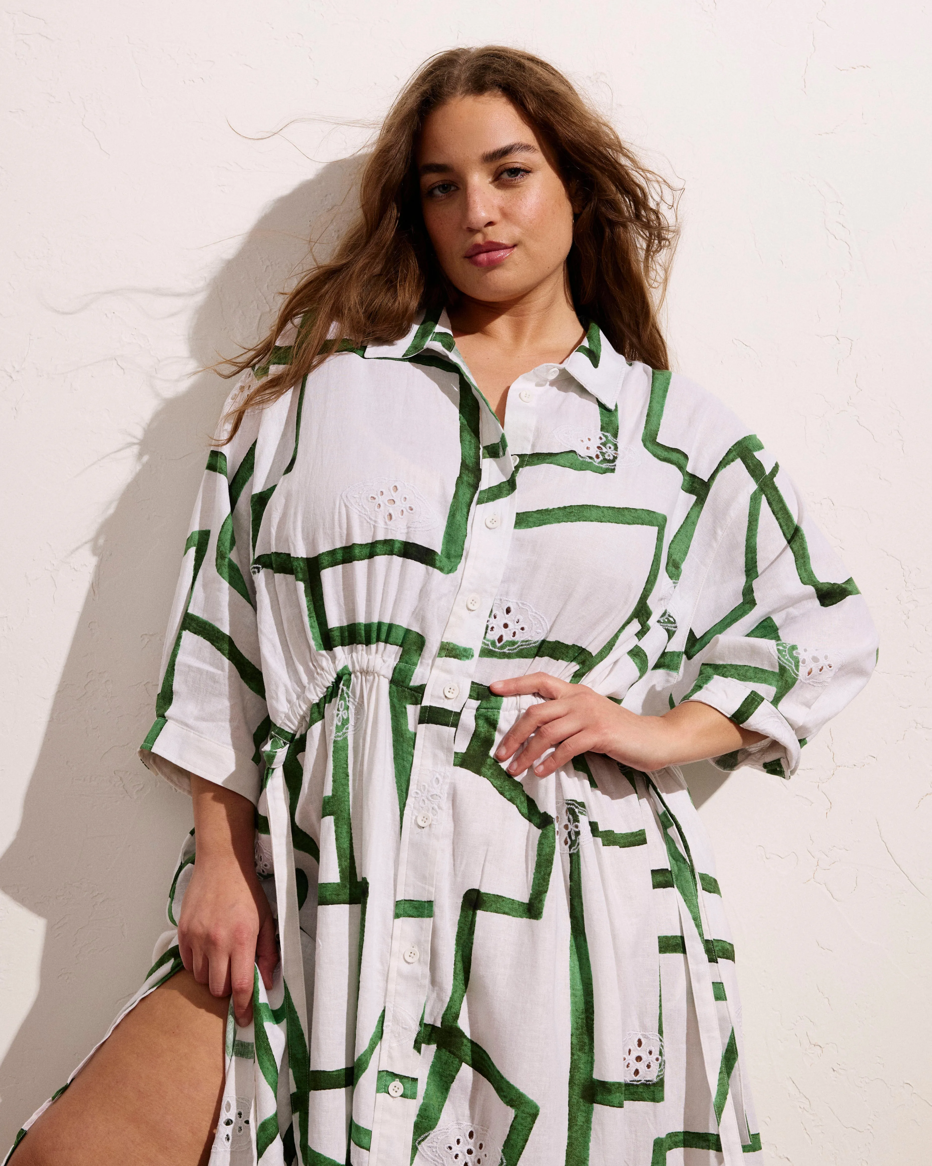 Paros Drawstring Linen Shirtdress - Green Paint Print sold by Universal Standard product image thumbnail 3