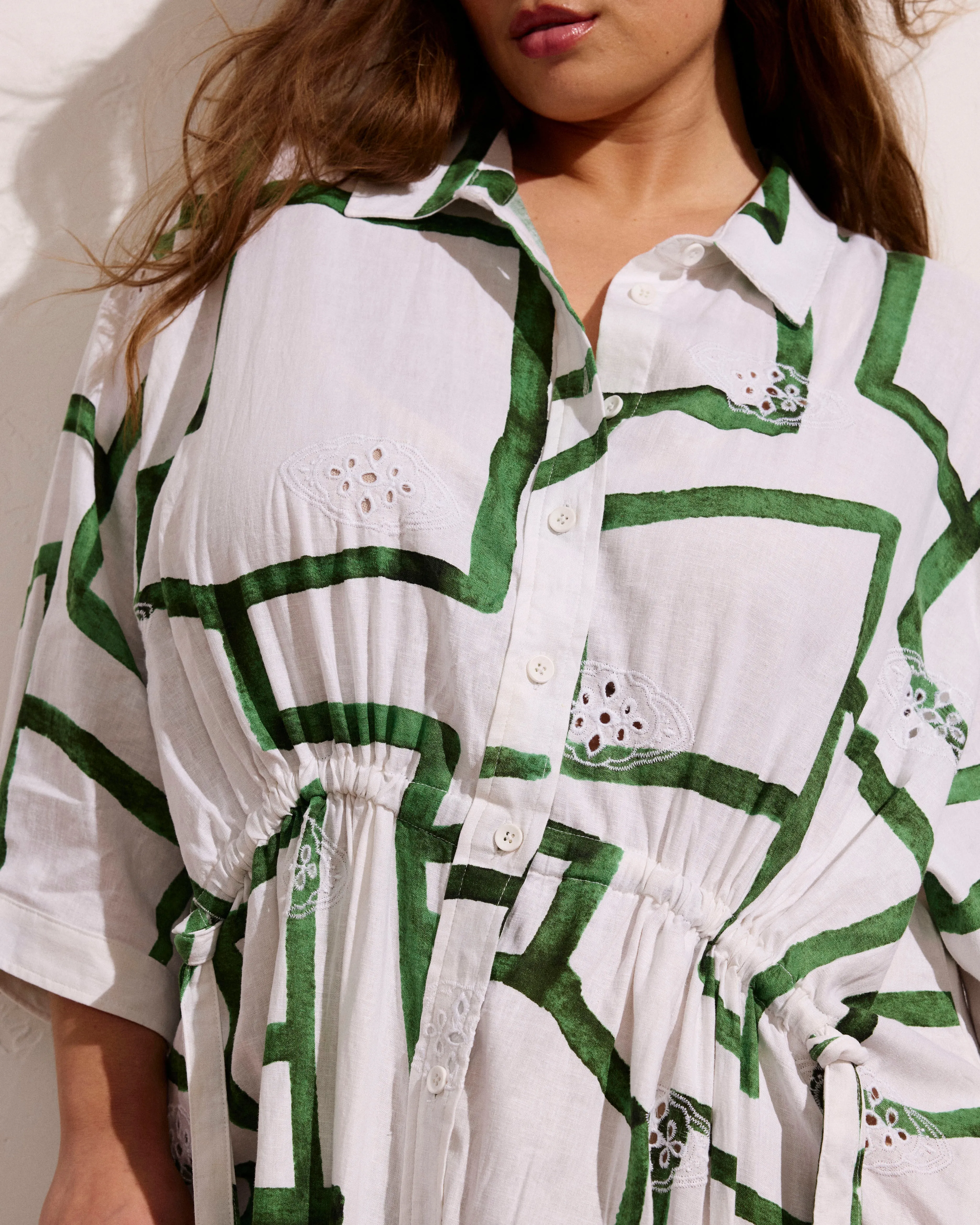 Paros Drawstring Linen Shirtdress - Green Paint Print sold by Universal Standard product image thumbnail 2