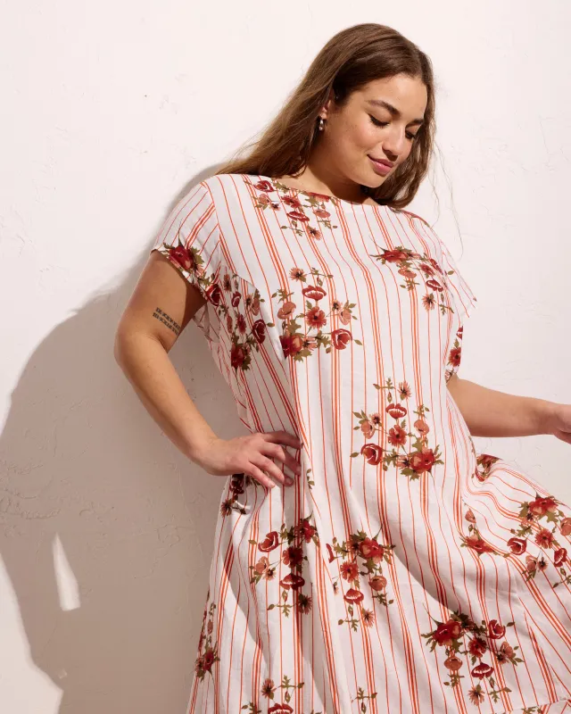 Sunset Linen Flounce Dress - Wild Flower Bouquet Print on Stripes sold by Universal Standard