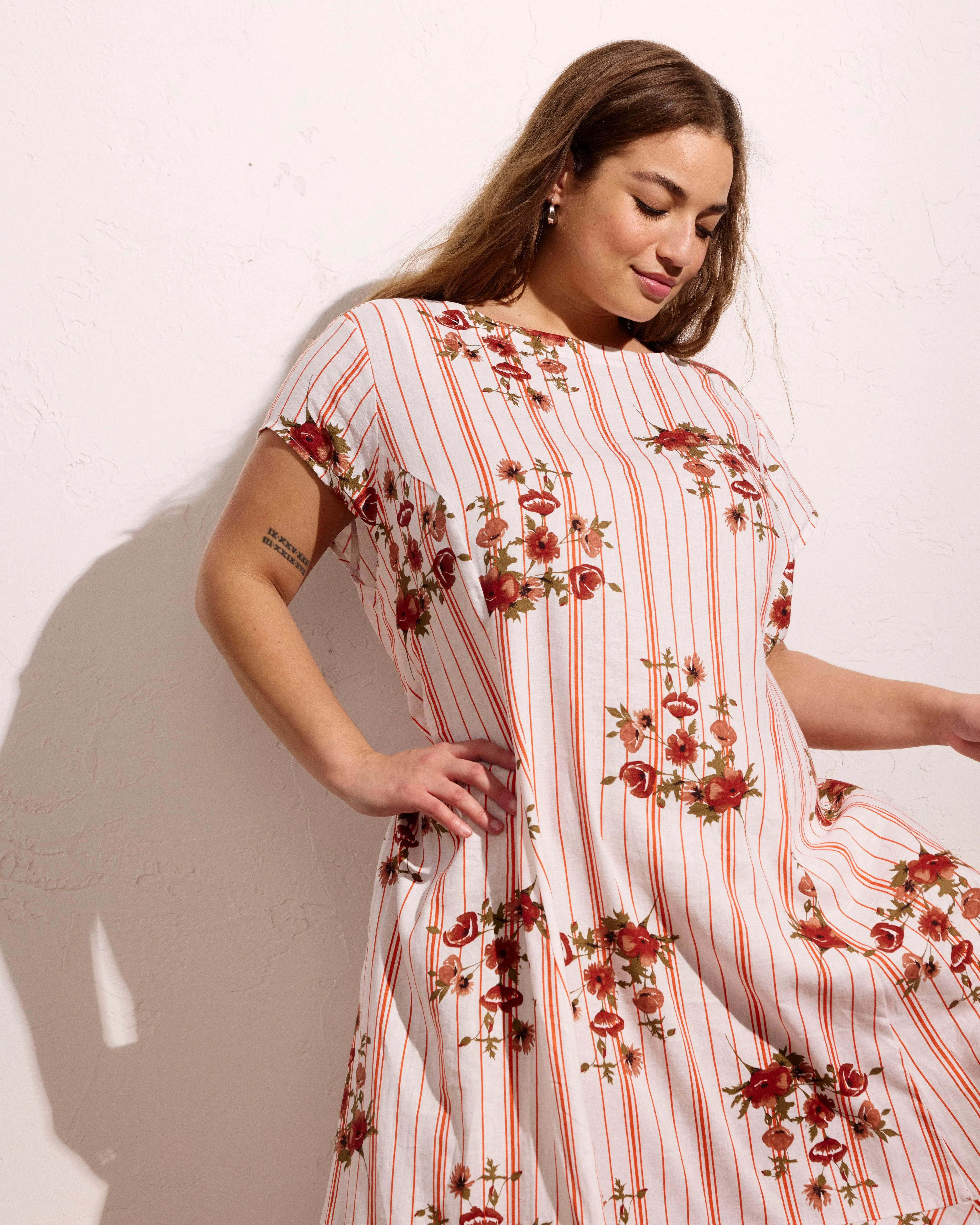 Sunset Linen Flounce Dress - Wild Flower Bouquet Print on Stripes sold by Universal Standard