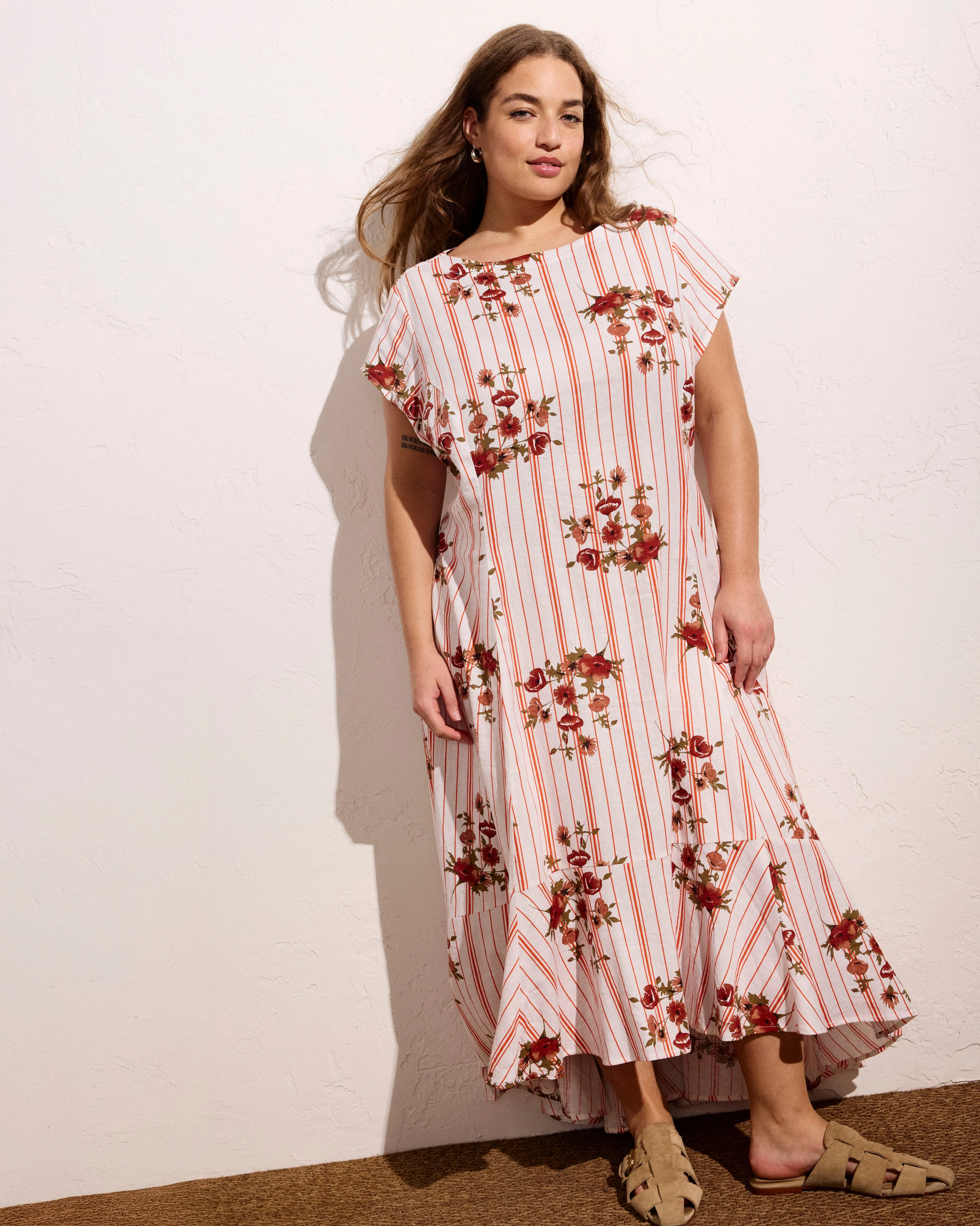 Sunset Linen Flounce Dress - Wild Flower Bouquet Print on Stripes sold by Universal Standard product image thumbnail 5