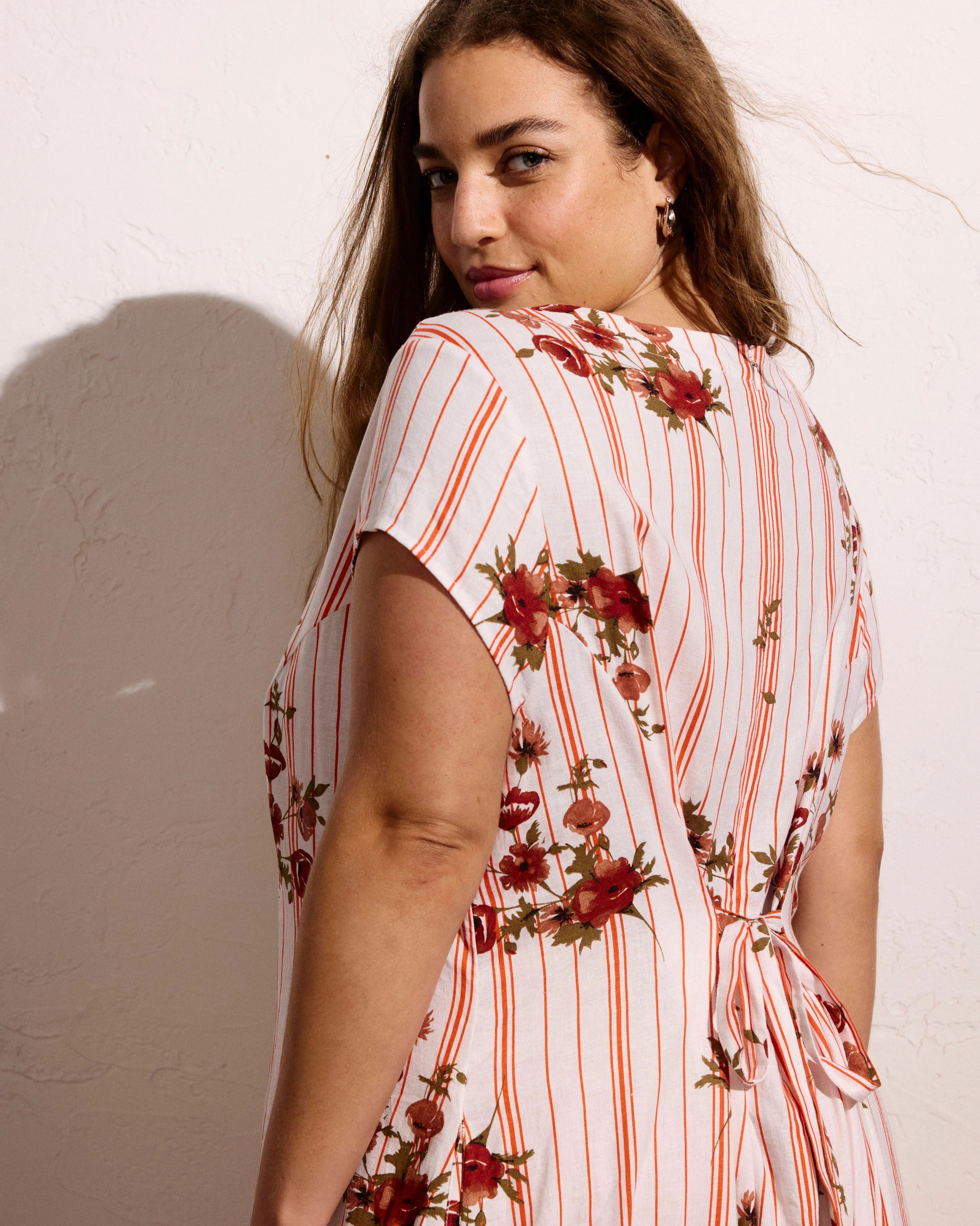 Sunset Linen Flounce Dress - Wild Flower Bouquet Print on Stripes sold by Universal Standard product image thumbnail 2