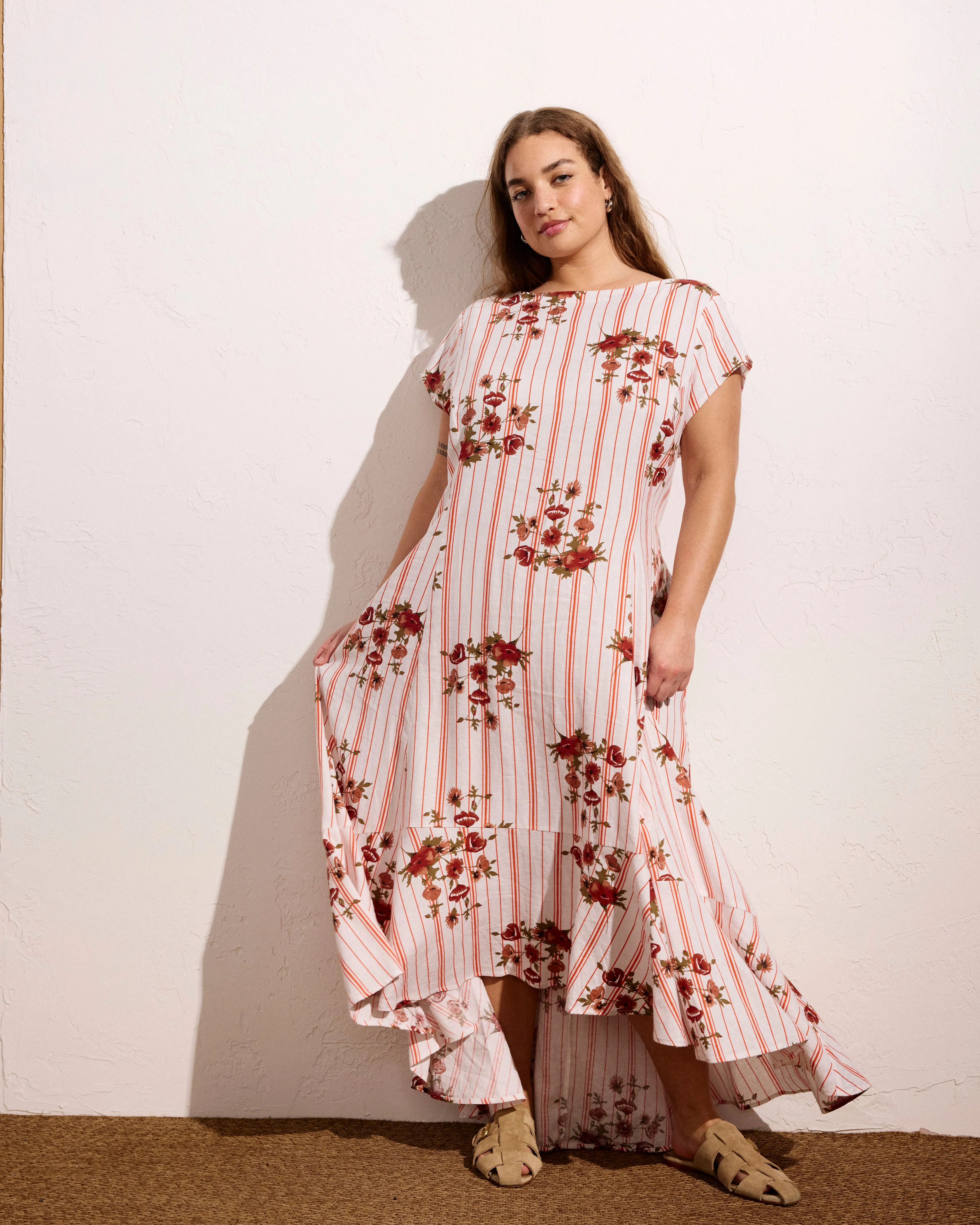 Sunset Linen Flounce Dress - Wild Flower Bouquet Print on Stripes sold by Universal Standard product image thumbnail 4